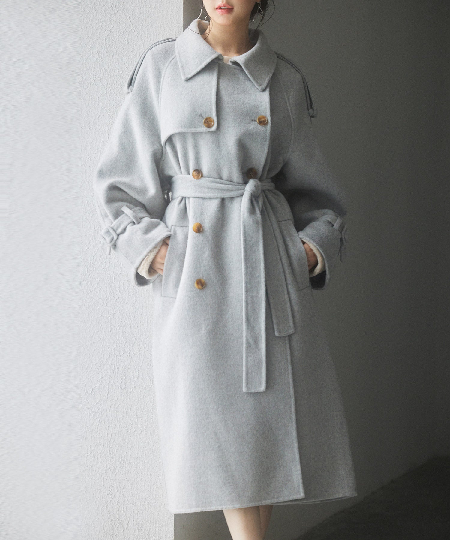 トレンチ風ダブルフェイスロングコートsdpsy0504 グレー