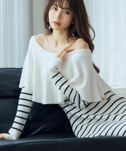 【ケープのようなビッグ衿がアクセントの2wayニットワンピース】華やか ストレッチ 普段着 おでかけ セゾンド パピヨン sdpxyf3301