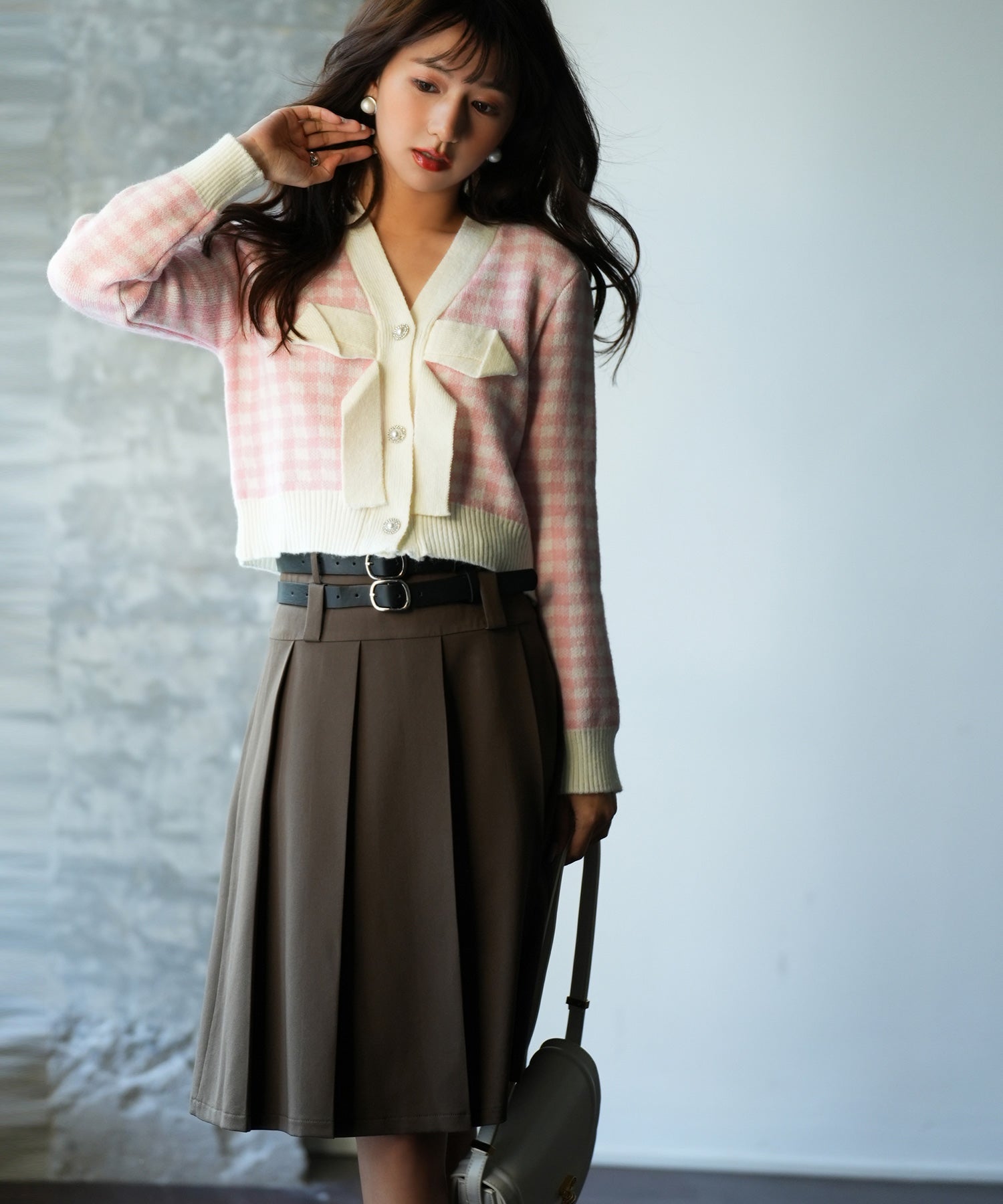 フロントリボンギンガムチェックニットプルオーバーsdpxyf5005 ピンク