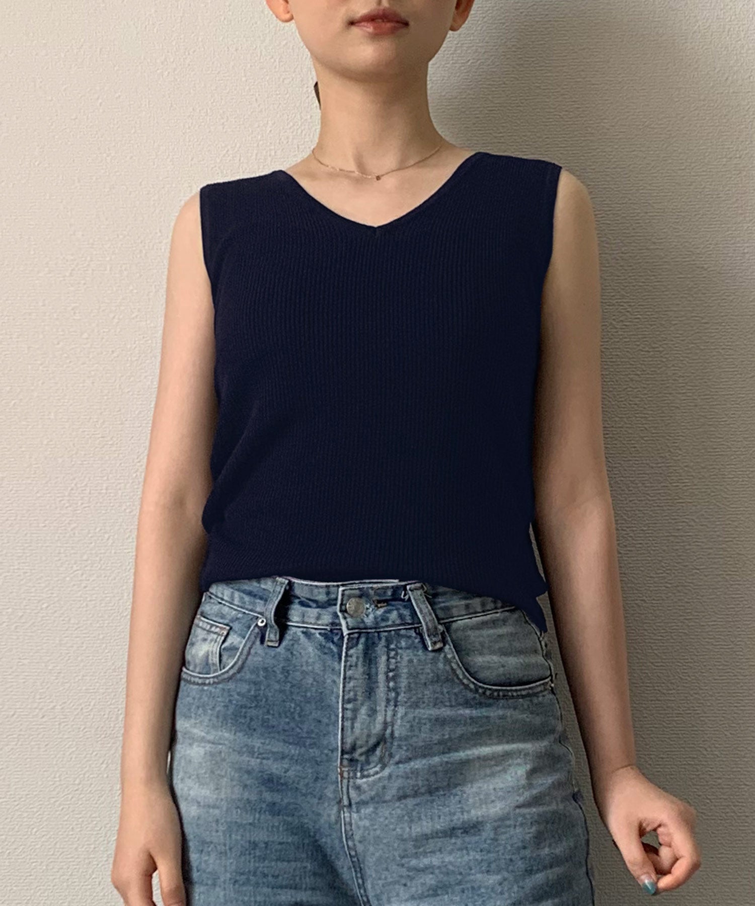 Vネックノースリーブサマーリブニットsdpxyf6083 ネイビー