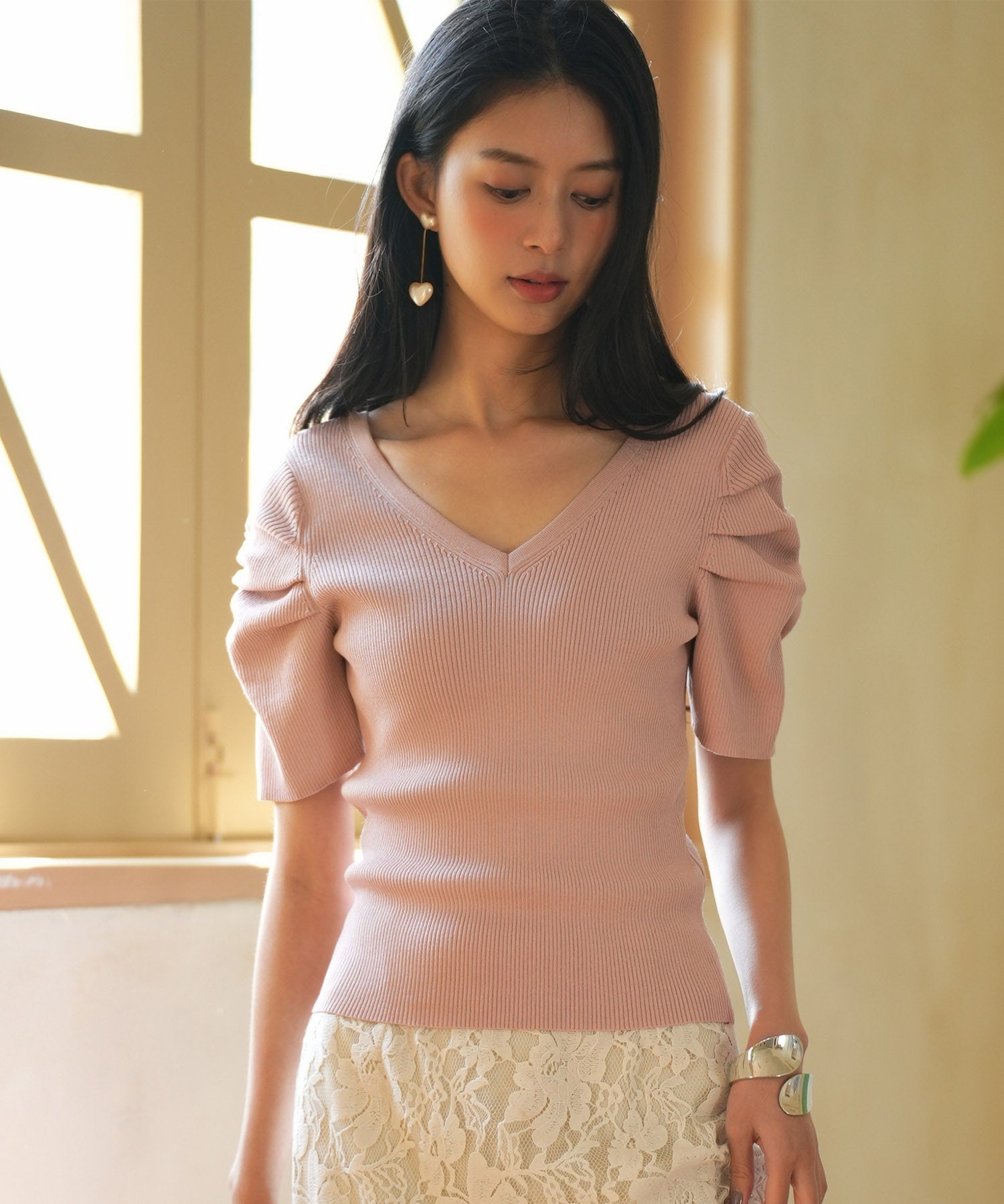 ギャザーパフスリーブVネックニットプルオーバsdpxyf6135