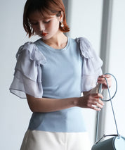 シフォンスリーブ×ニットのドッキングプルオーバーsdpxyf6137