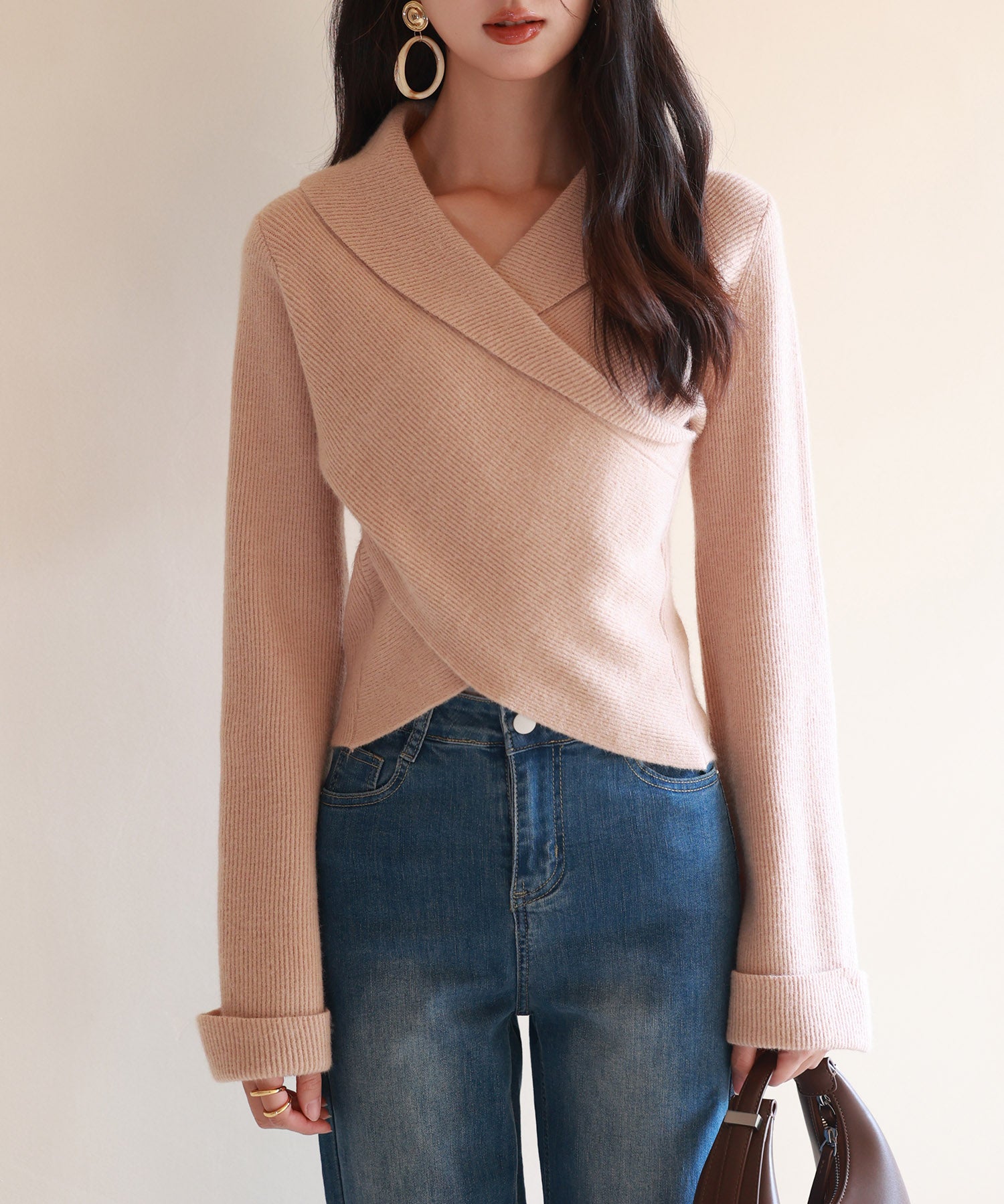 折り返し襟リブ編みニットプルオーバーsdpxyf6527-103-45