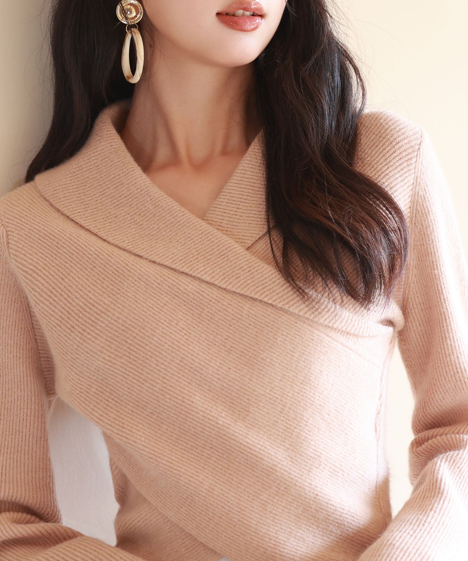 折り返し襟リブ編みニットプルオーバーsdpxyf6527 ライトブラウン