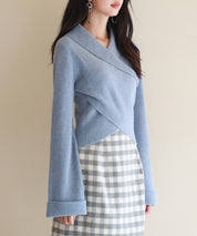 折り返し襟リブ編みニットプルオーバーsdpxyf6527 ブルーグレー