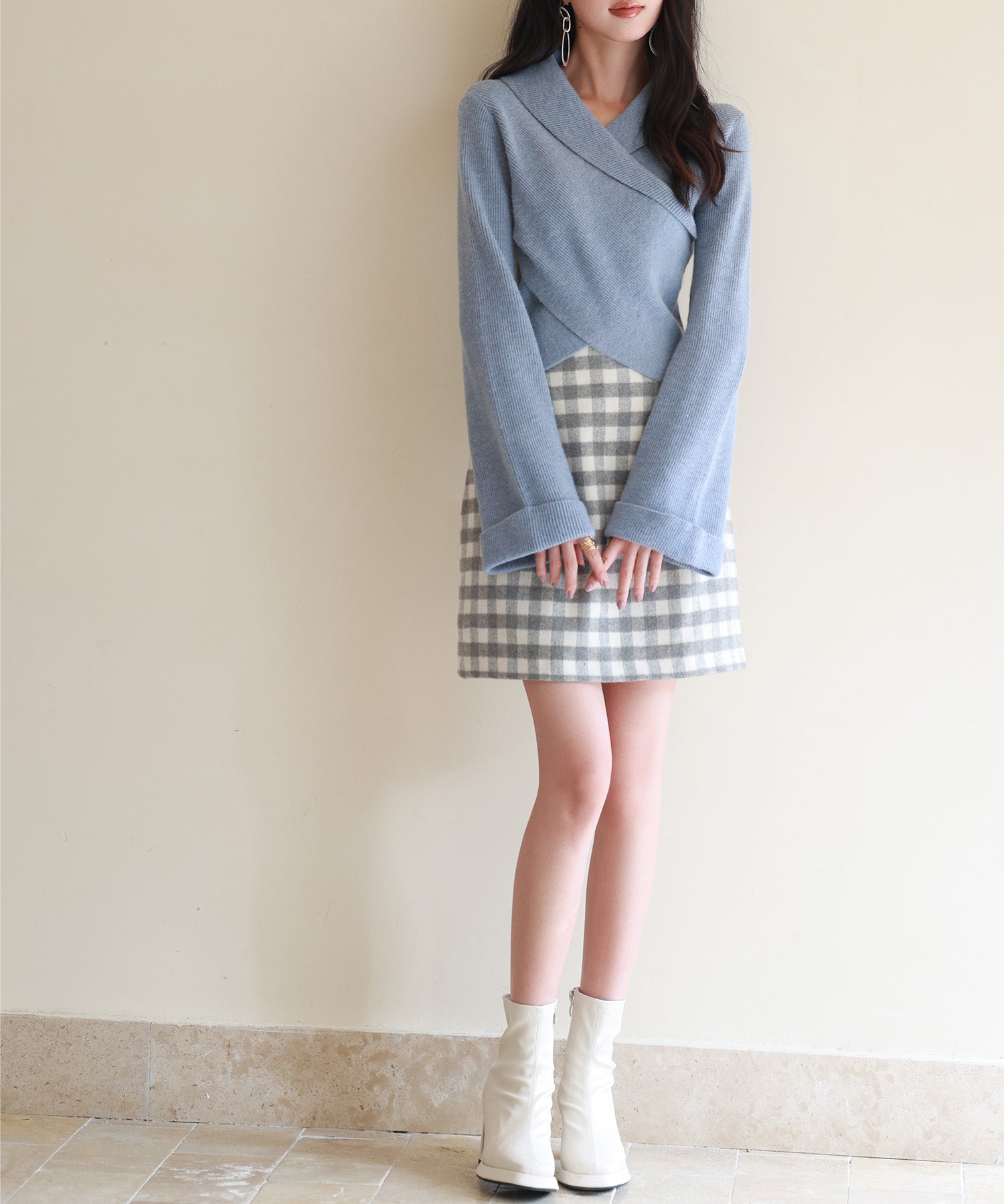 折り返し襟リブ編みニットプルオーバーsdpxyf6527 ブルーグレー