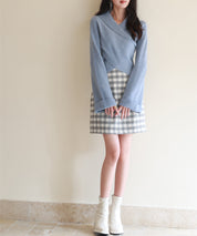 折り返し襟リブ編みニットプルオーバーsdpxyf6527 ブルーグレー