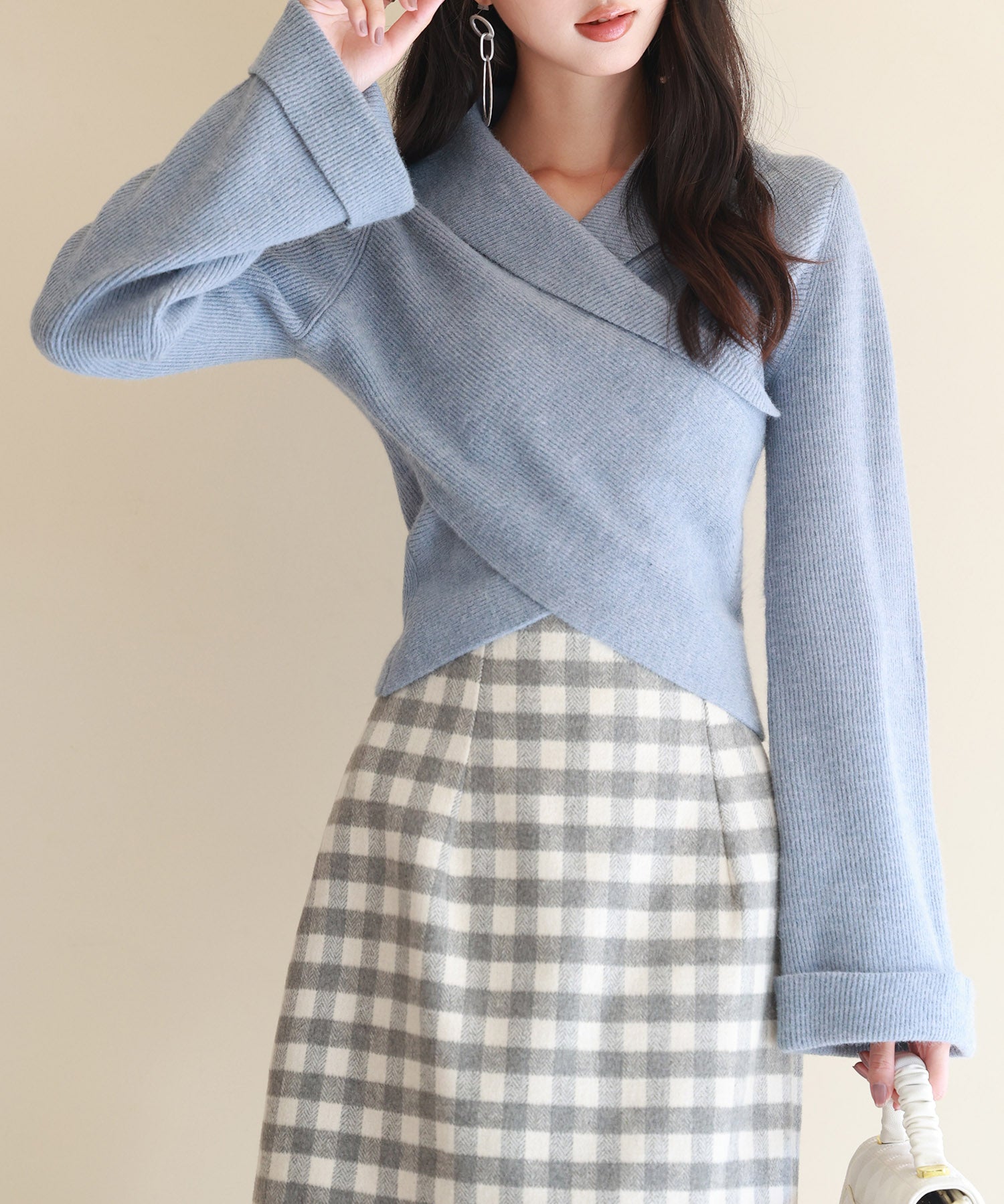 折り返し襟リブ編みニットプルオーバーsdpxyf6527 ブルーグレー