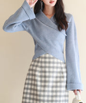 折り返し襟リブ編みニットプルオーバーsdpxyf6527 ブルーグレー