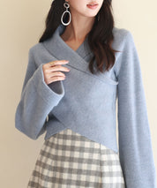 折り返し襟リブ編みニットプルオーバーsdpxyf6527 ブルーグレー