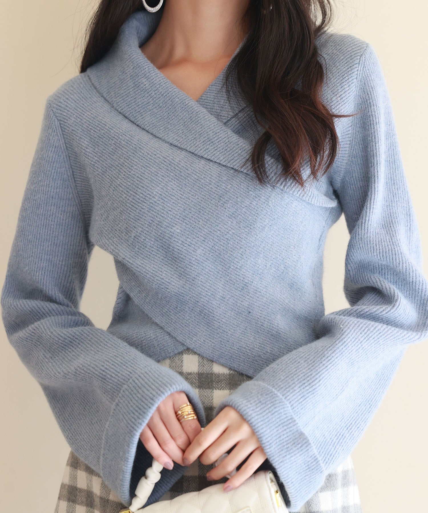 折り返し襟リブ編みニットプルオーバーsdpxyf6527 ブルーグレー
