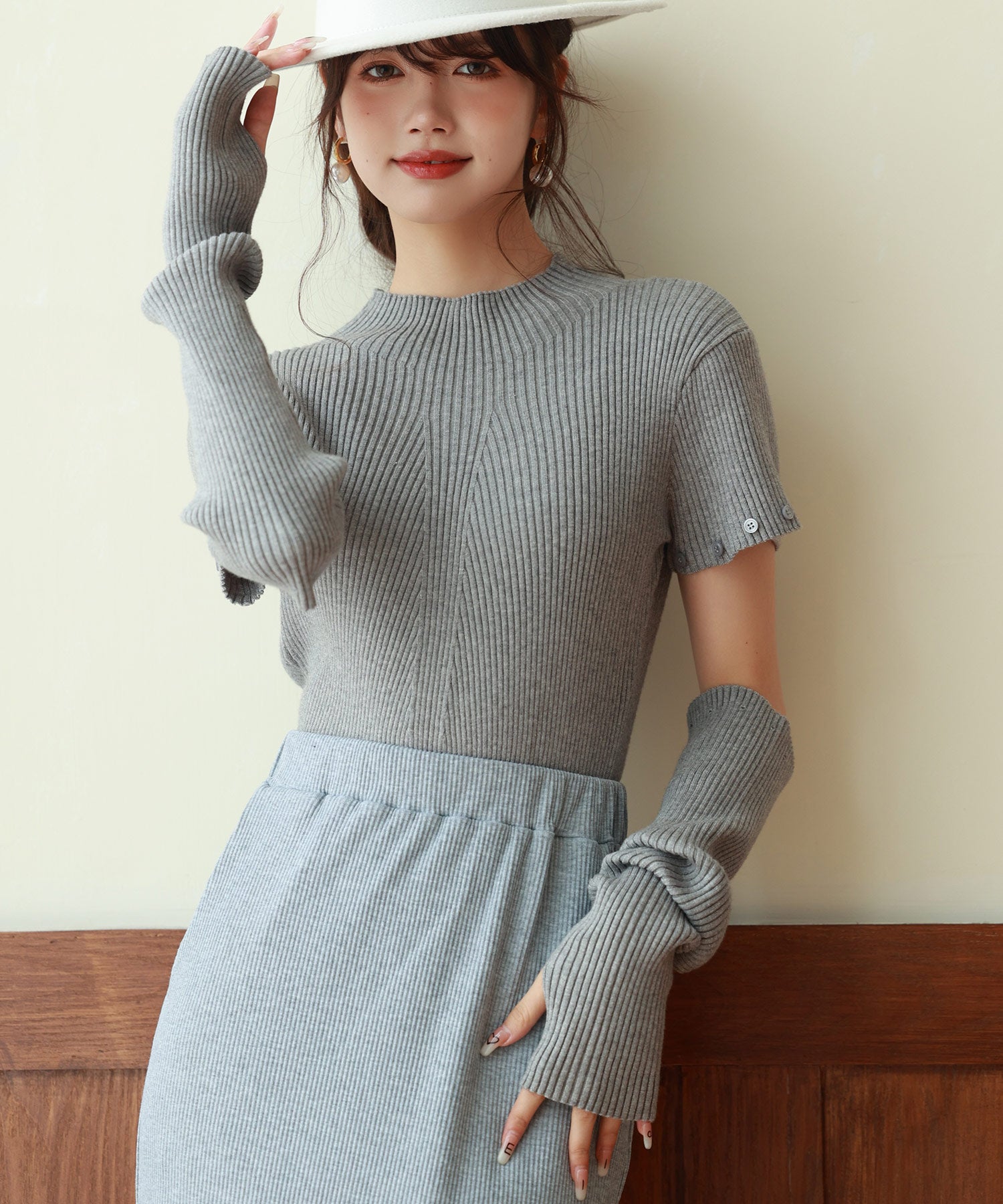 アームウォーマー付き3wayリブニットプルオーバーsdpxyf7023 グレー