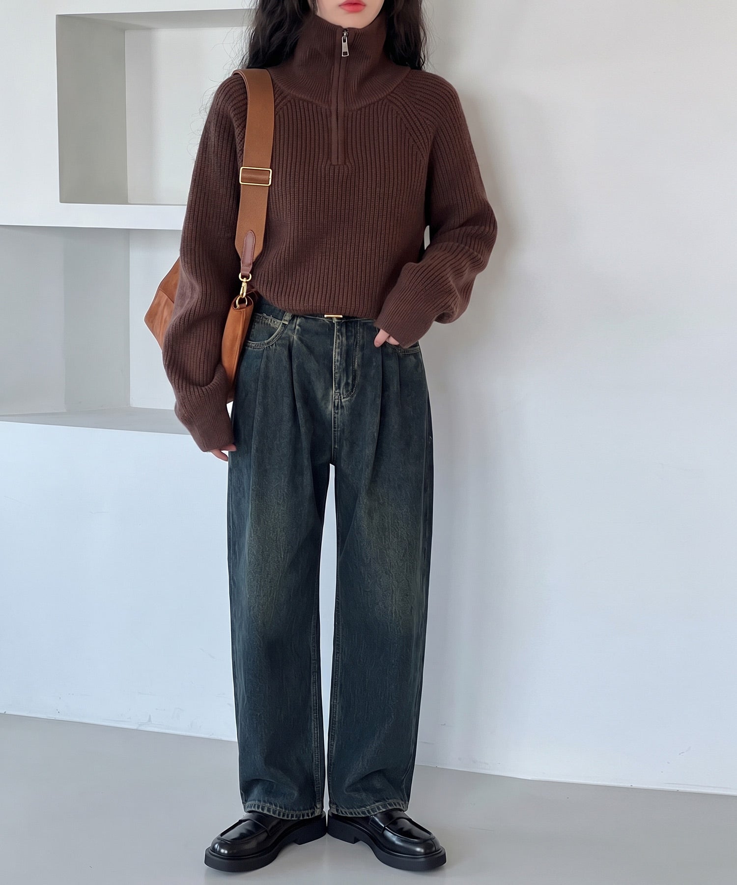 ハーフジップハイネックニットプルオーバー