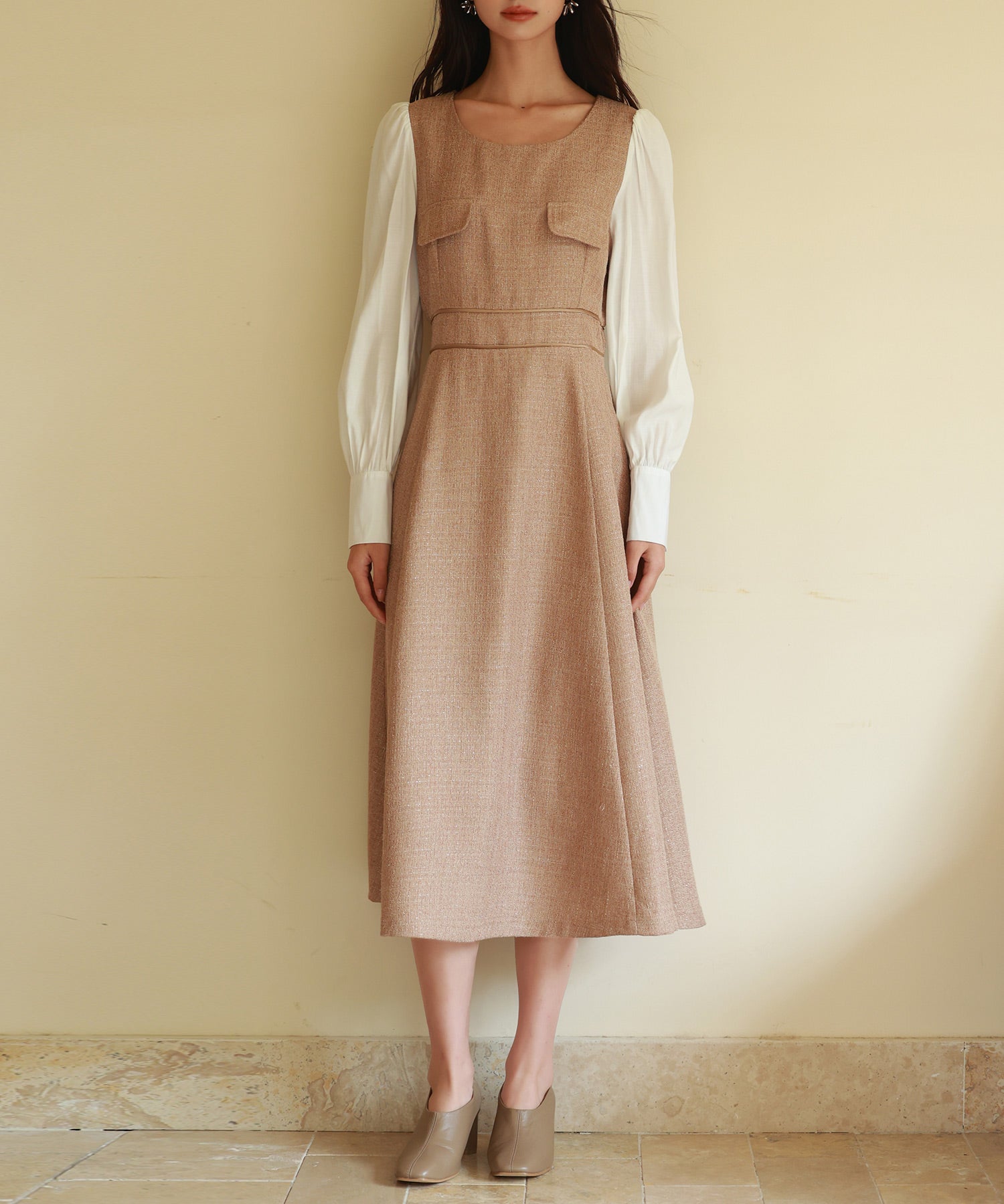 ラメツイードとシャツ袖がドッキングの異素材ワンピースsdp0111