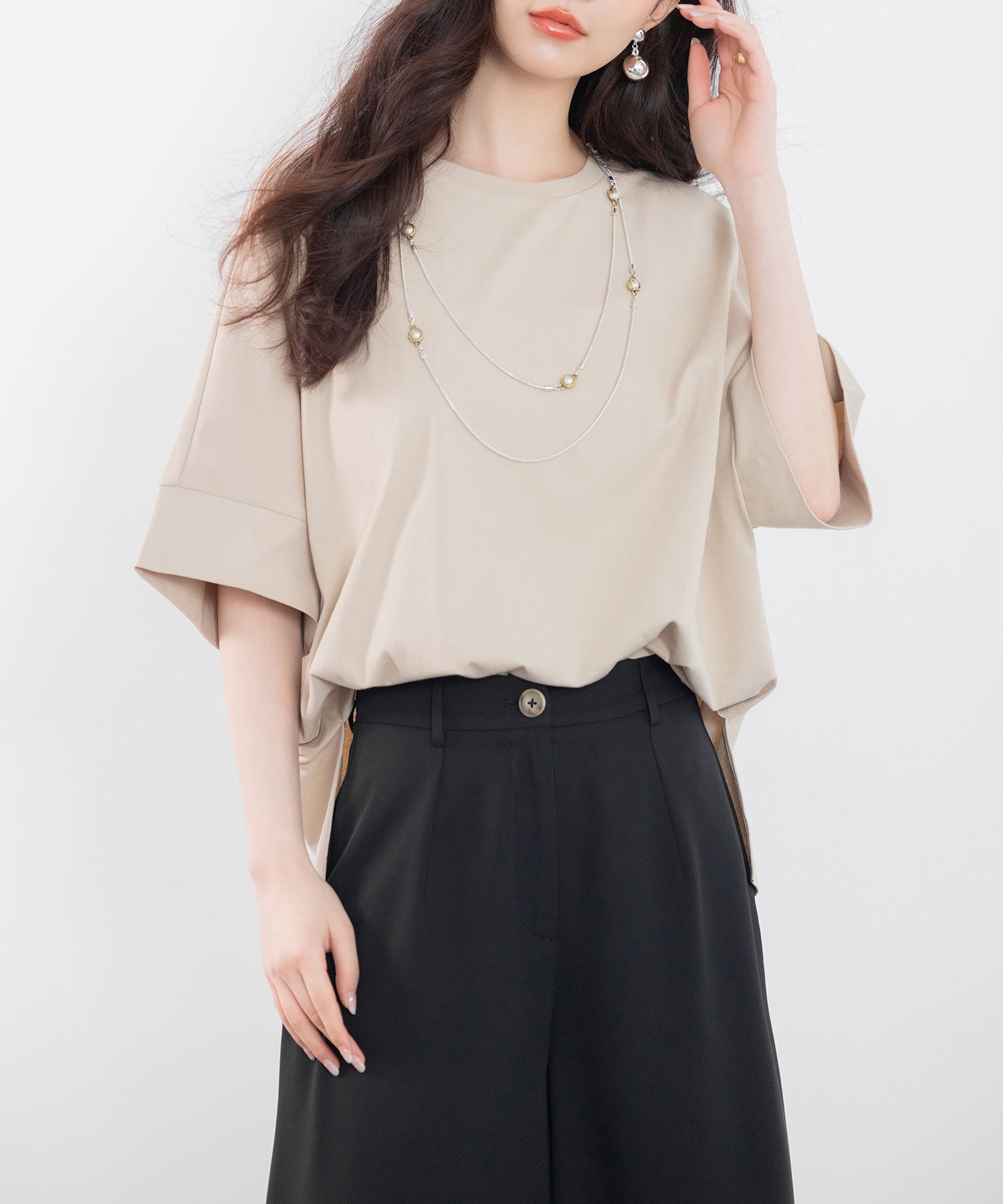 クルーネックオーバーシルエット綿混Tシャツsdp0204 ベージュ