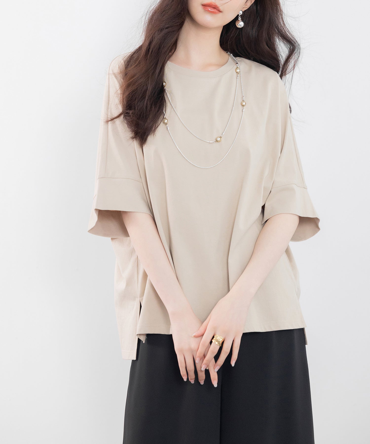 クルーネックオーバーシルエット綿混Tシャツsdp0204 ベージュ