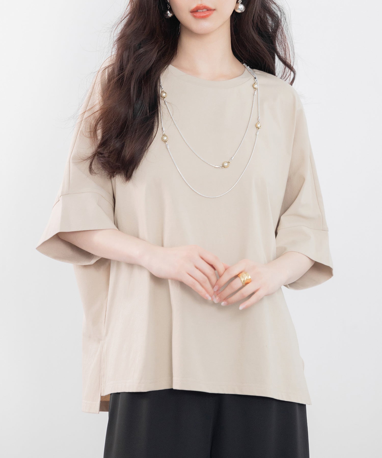 クルーネックオーバーシルエット綿混Tシャツsdp0204 ベージュ