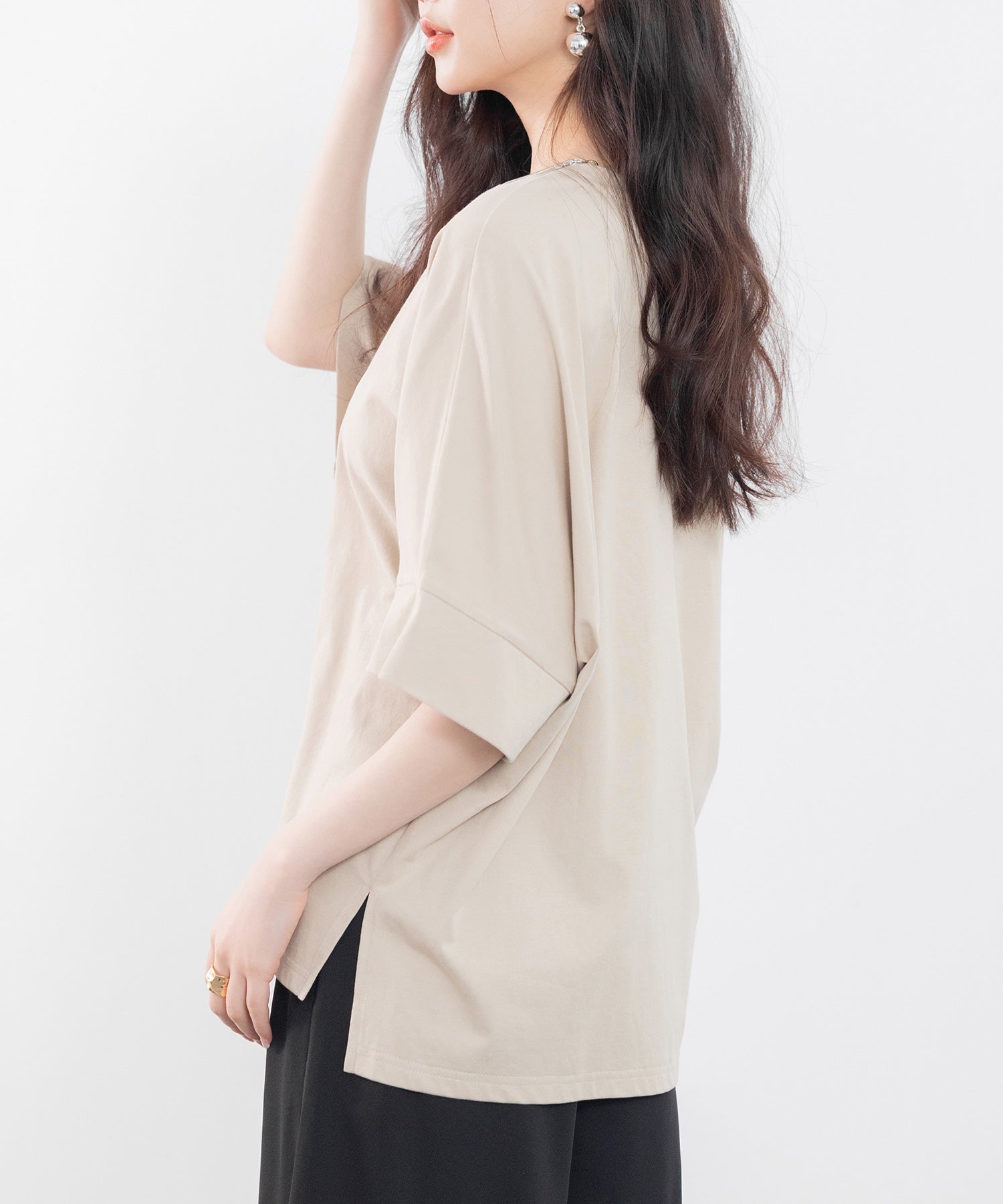 クルーネックオーバーシルエット綿混Tシャツsdp0204 ベージュ