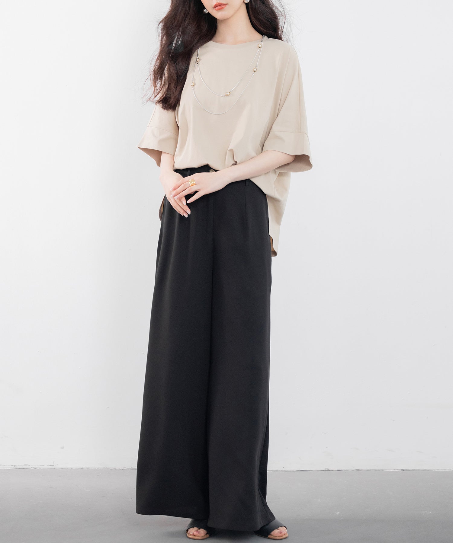 クルーネックオーバーシルエット綿混Tシャツsdp0204 ベージュ