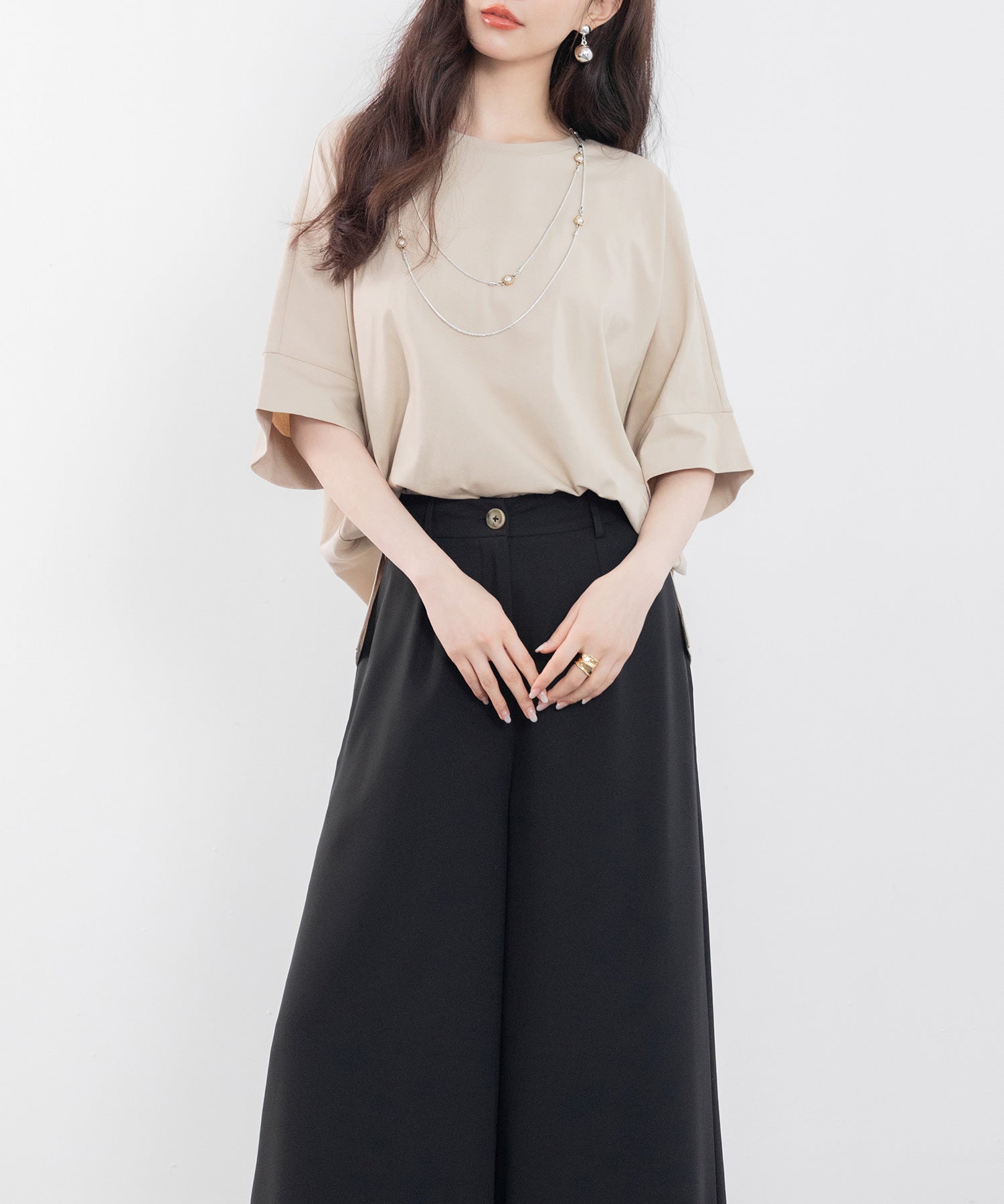 クルーネックオーバーシルエット綿混Tシャツsdp0204 ベージュ