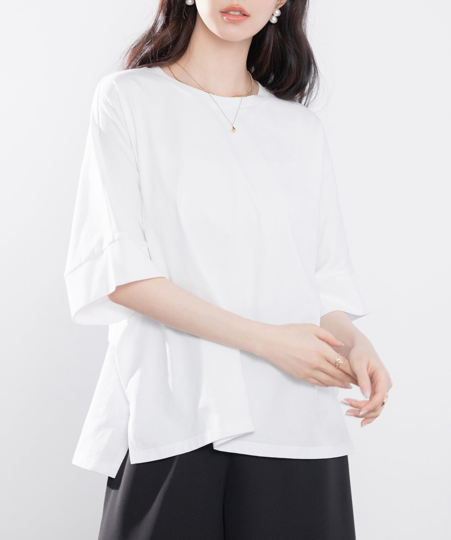 クルーネックオーバーシルエット綿混Tシャツsdp0204 ホワイト