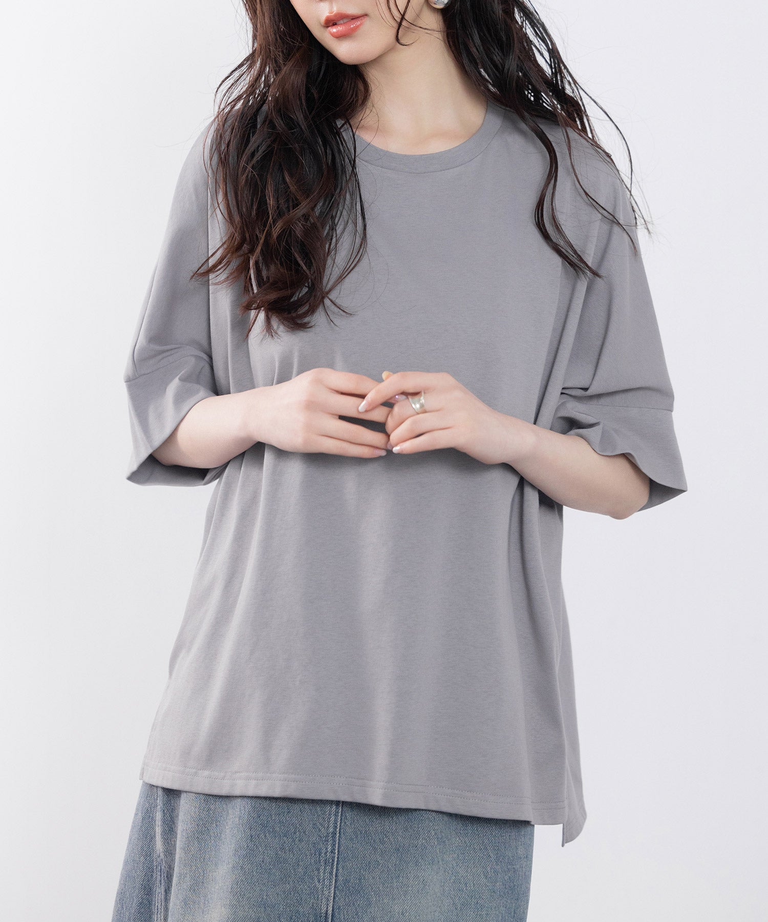 クルーネックオーバーシルエット綿混Tシャツsdp0204 チャコール