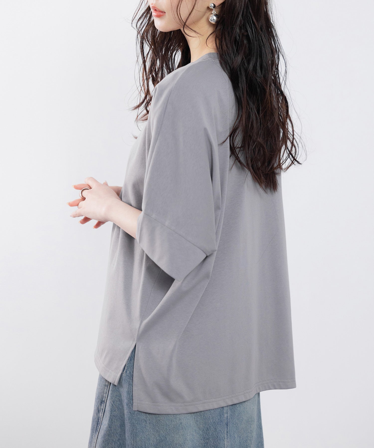 クルーネックオーバーシルエット綿混Tシャツsdp0204 チャコール