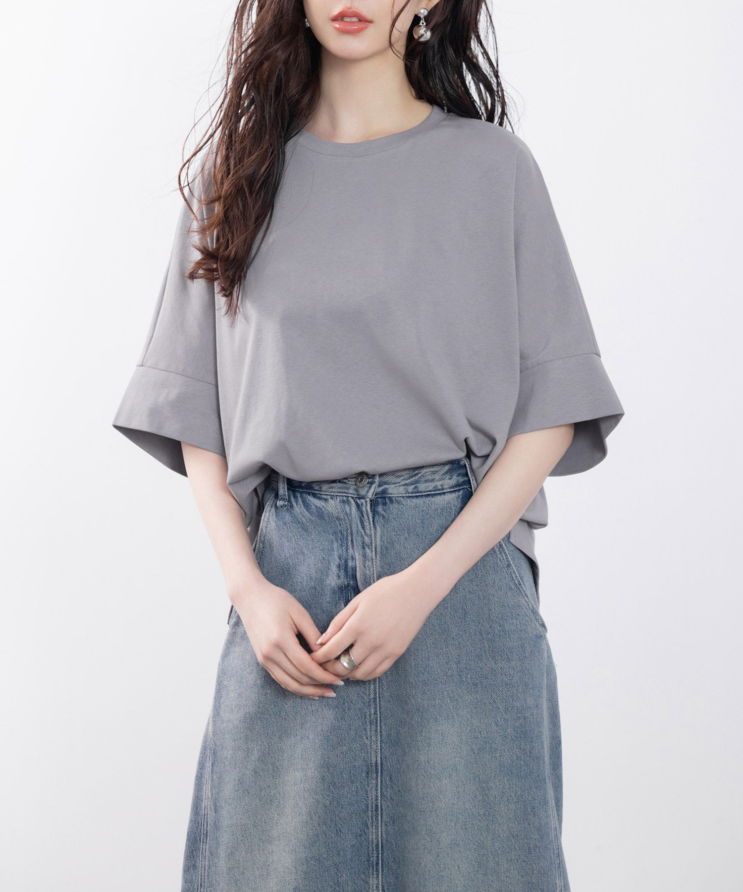 クルーネックオーバーシルエット綿混Tシャツsdp0204 チャコール
