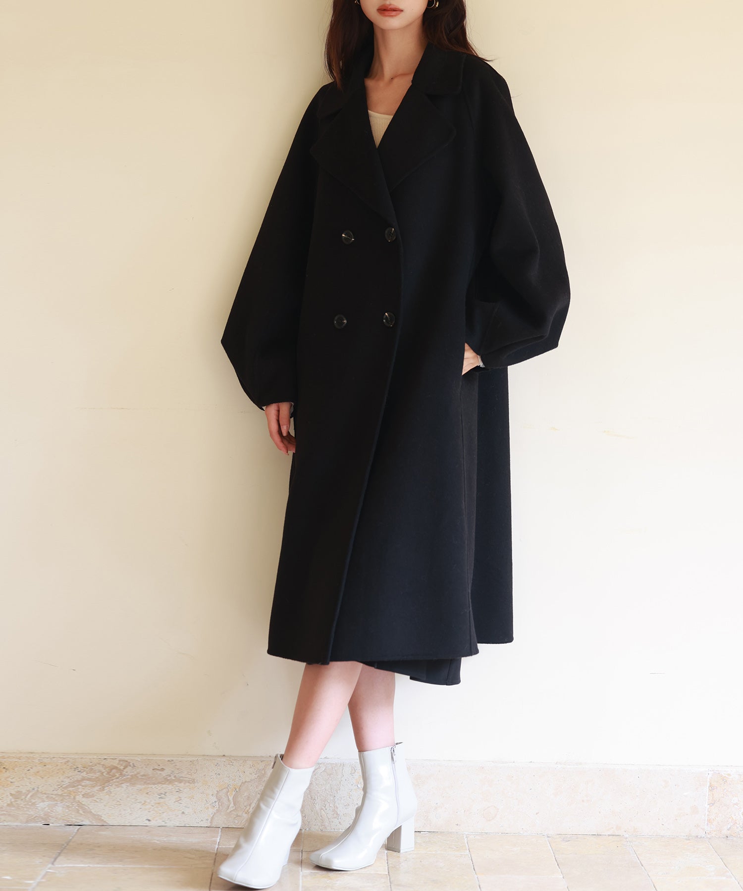 VALENZA PO ロングコート ボア・ベルト付き ウール90% 黒 Lサイズ 