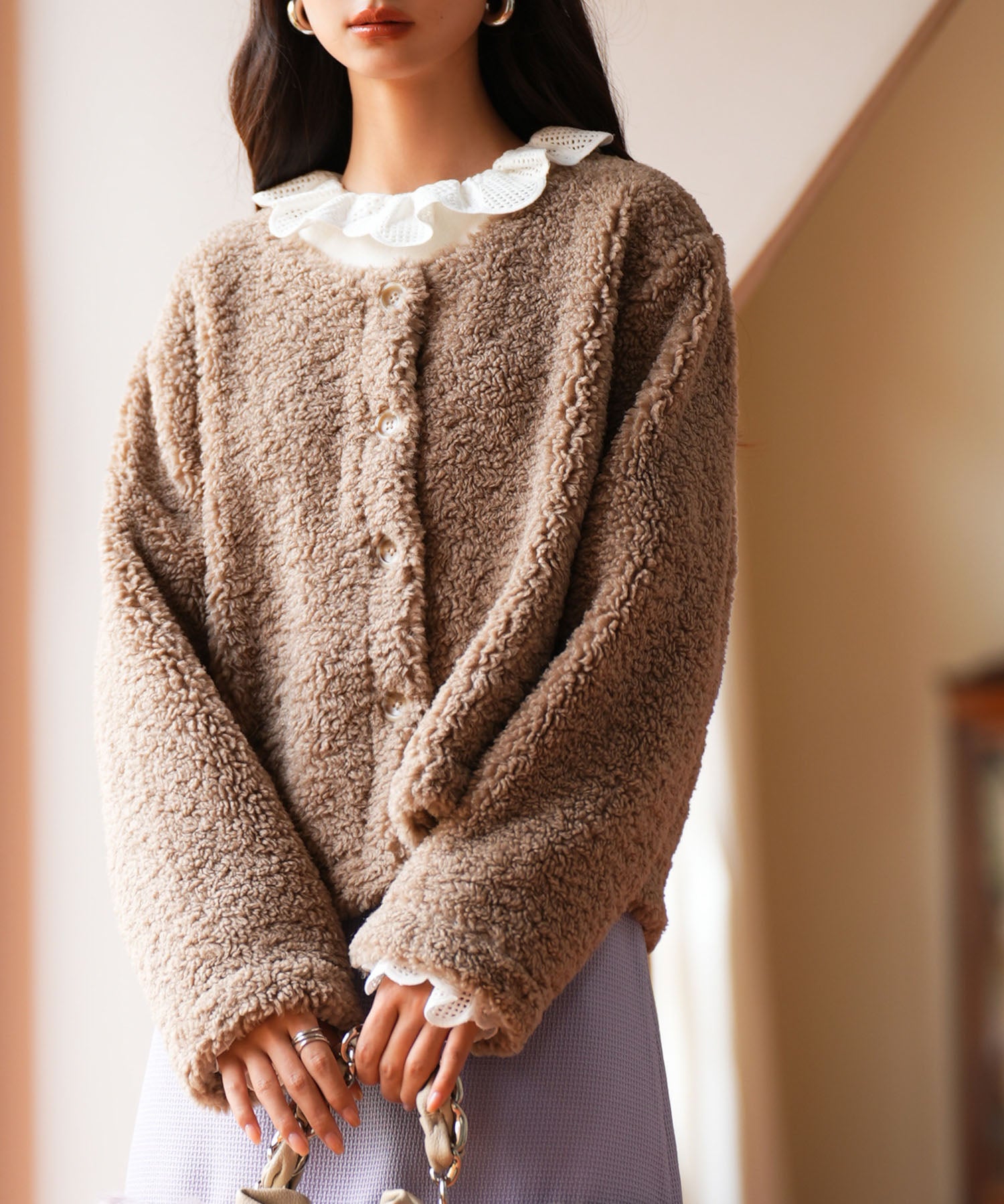 モコモコショート丈ボア生地コートsdpps23014 ブラウン