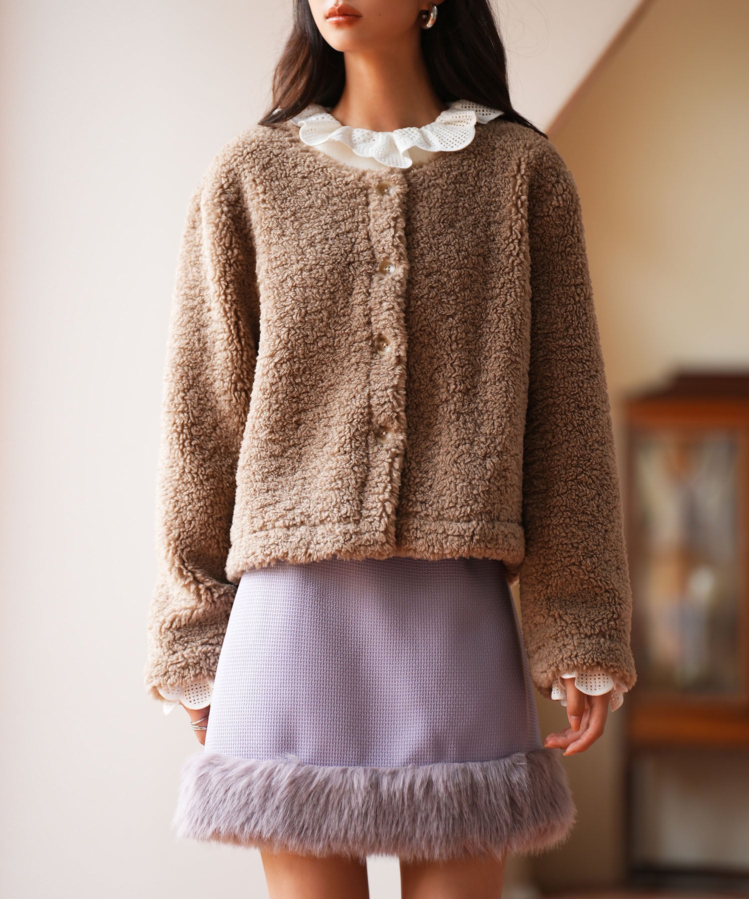 モコモコショート丈ボア生地コートsdpps23014 ブラウン