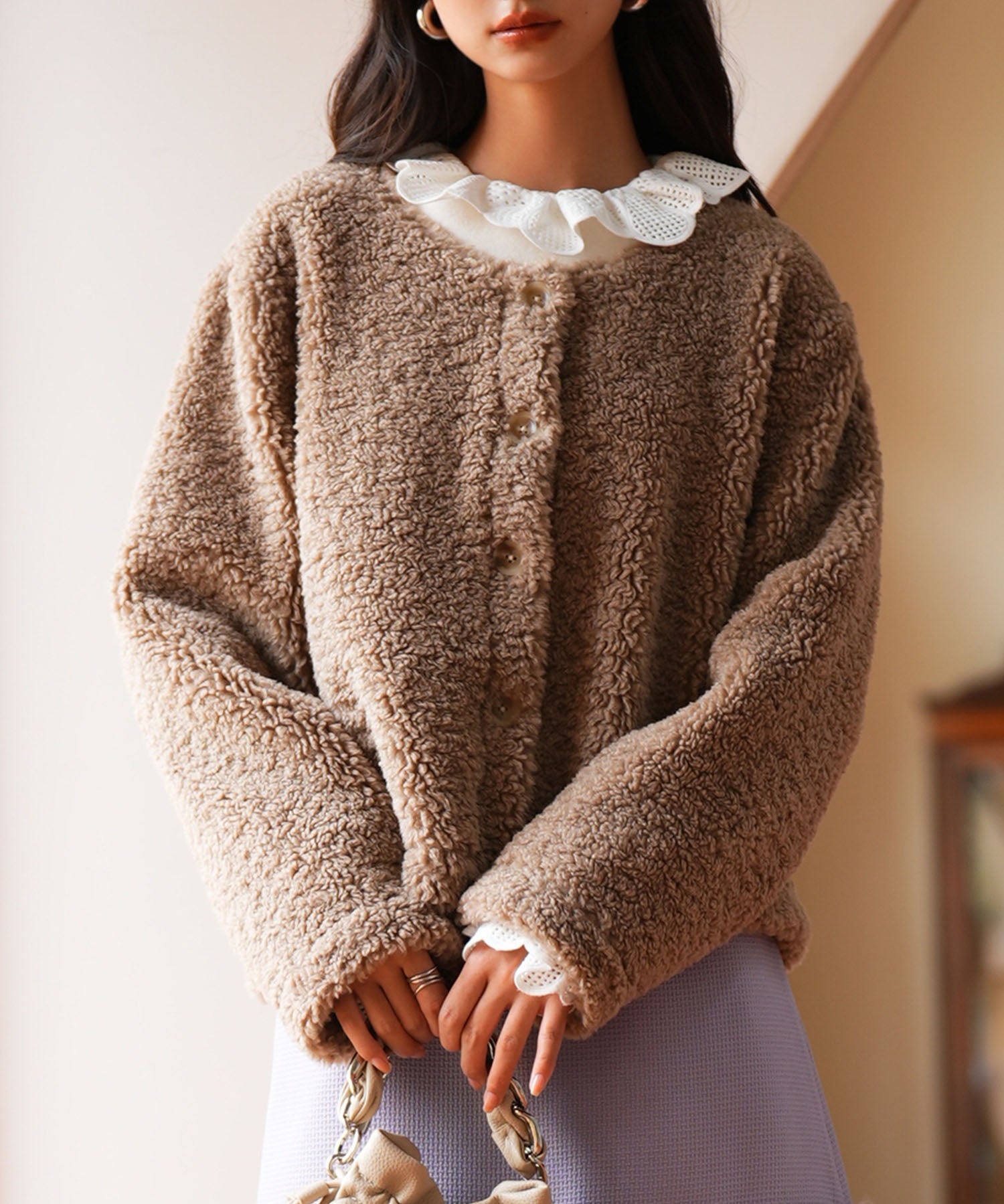 モコモコショート丈ボア生地コートsdpps23014 ブラウン