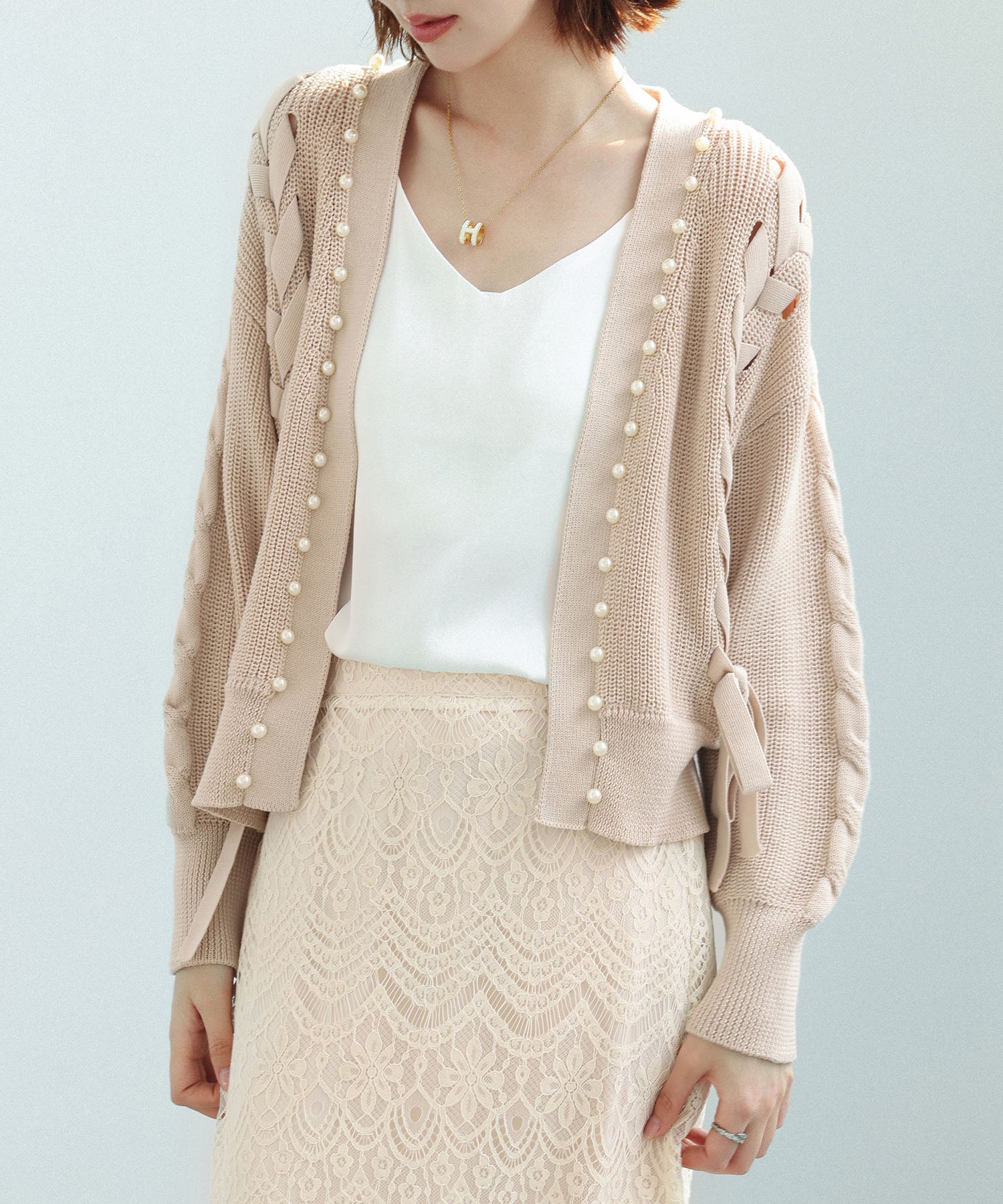 パール編み込みドロップショルダーニットカーディガンsdpxyf2995