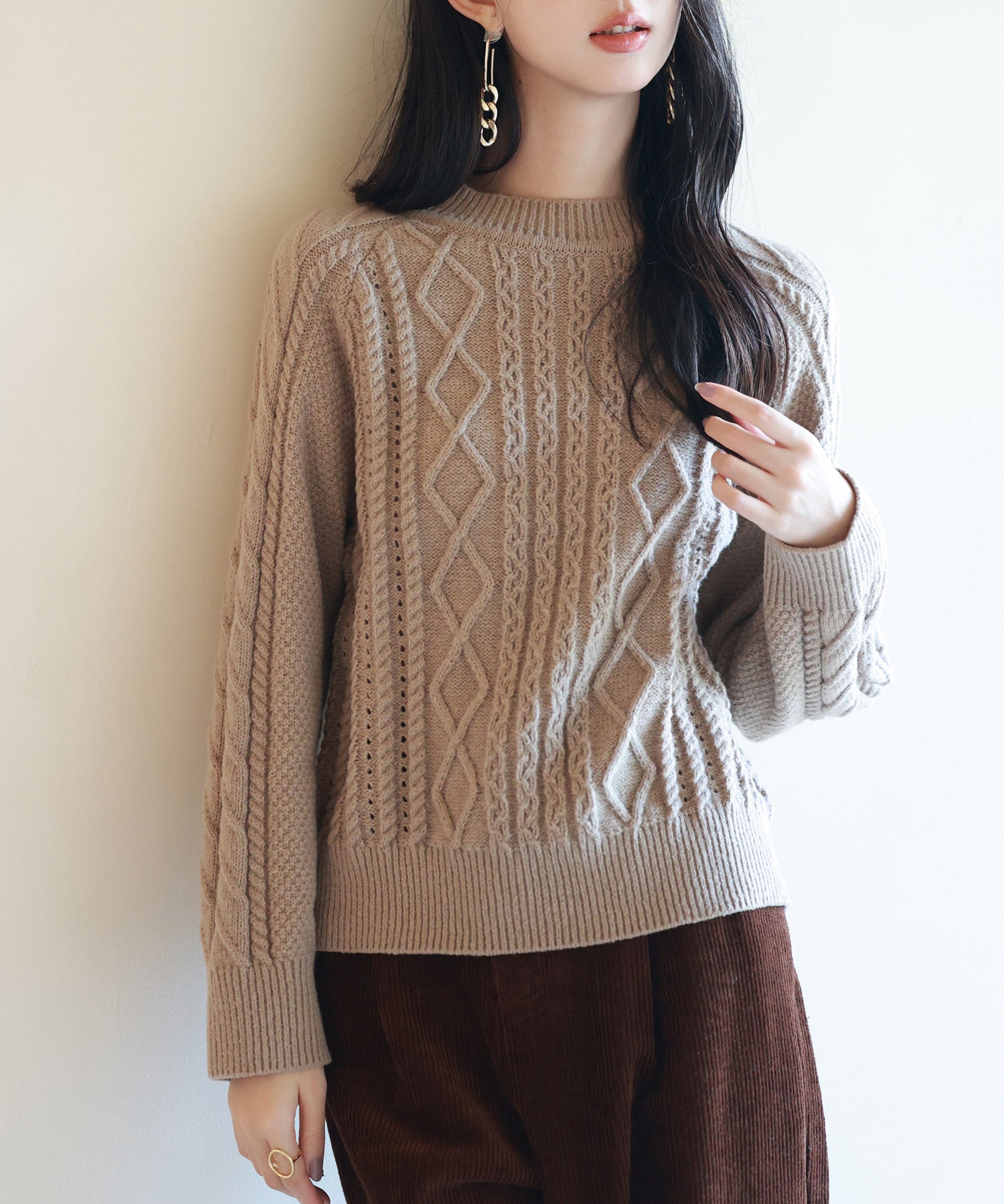 ラグランスリーブ変形編みニットプルオーバーsdpxyf2996 ブラウン