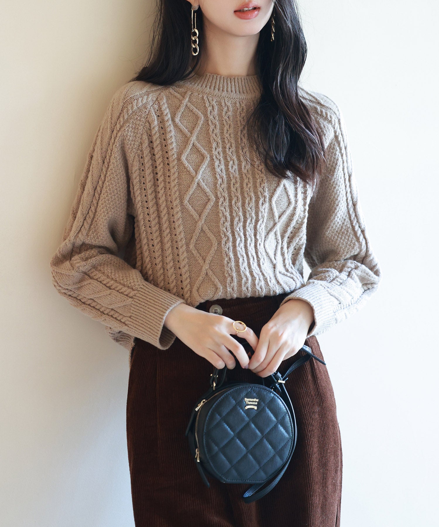 ラグランスリーブ変形編みニットプルオーバーsdpxyf2996 ブラウン