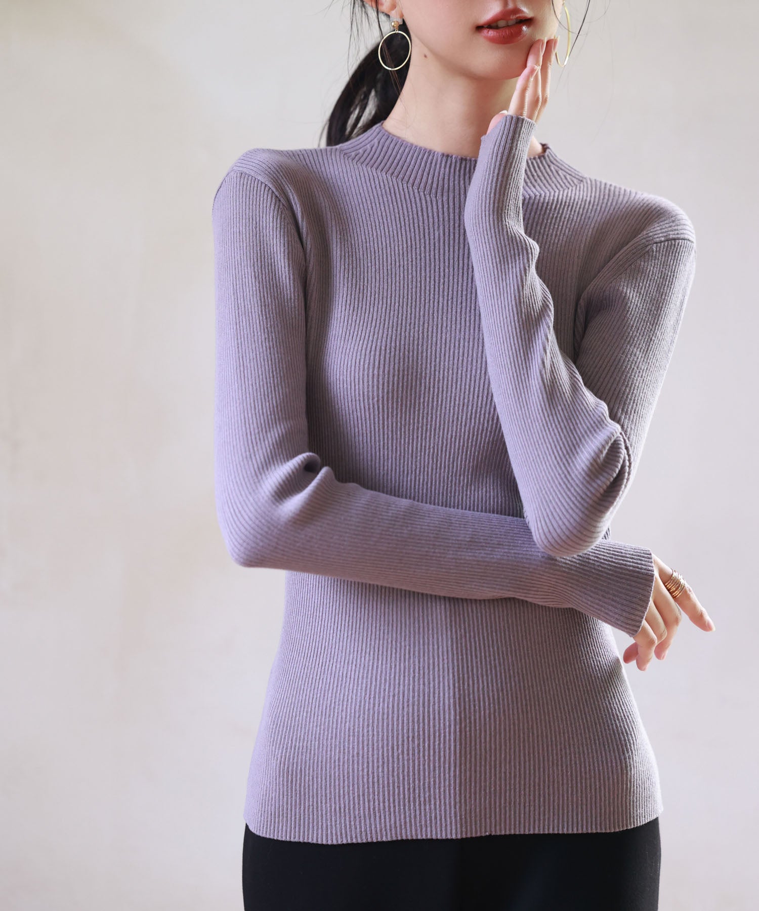 リブ編みプチハイネックニットプルオーバーsdpxyf3015 パープル