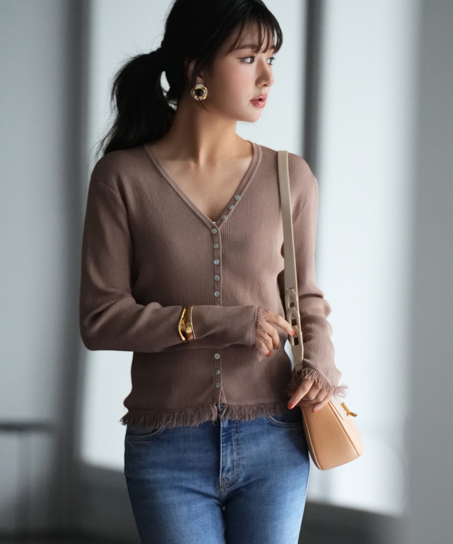 【SINSS】　ニットポロカーディガン　ブラウン　M Knit polo cardigan / ニットポロカーディガン（カーディガン