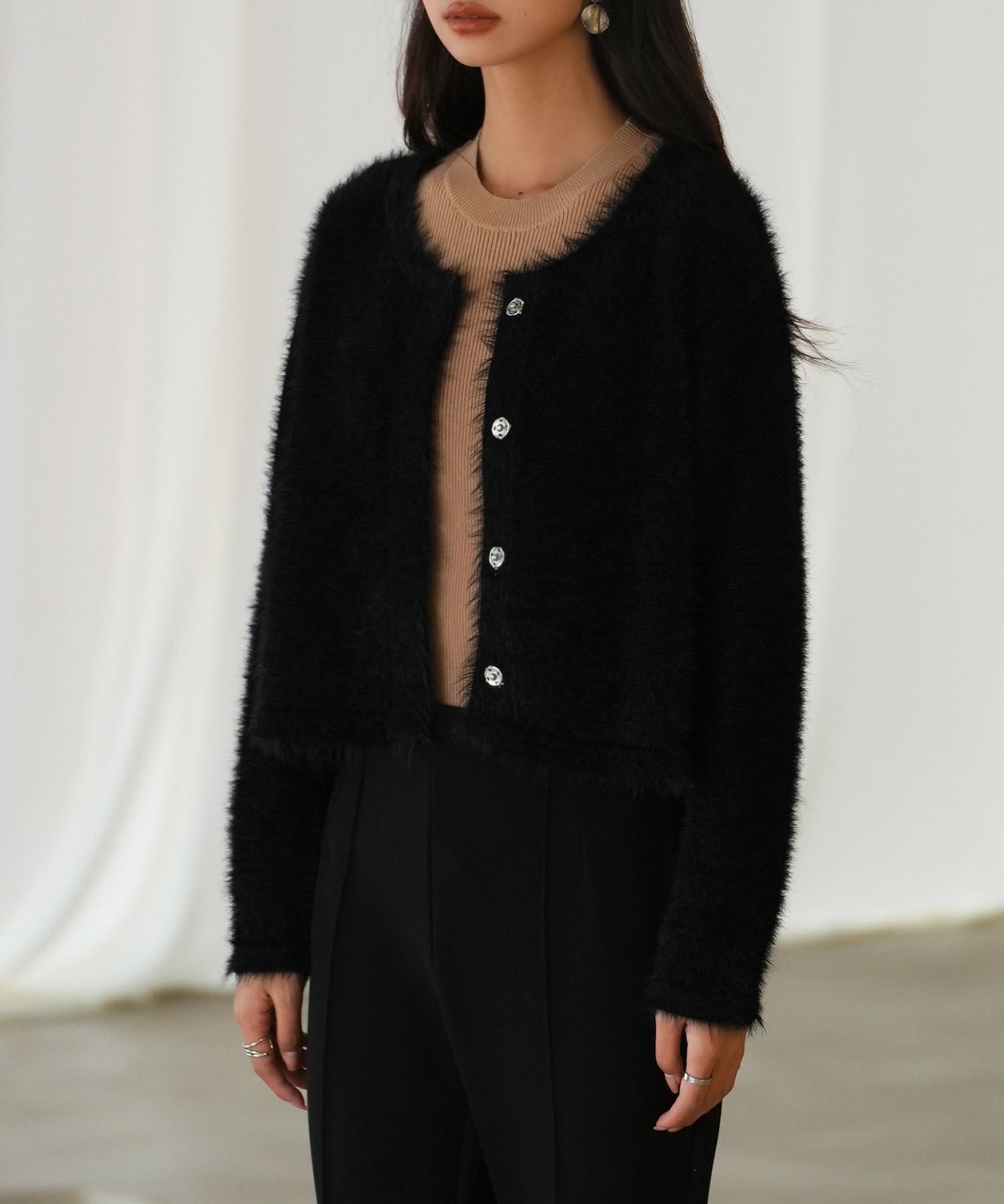 シャギークルーネックニットカーディガンsdpxyf6330 ブラック