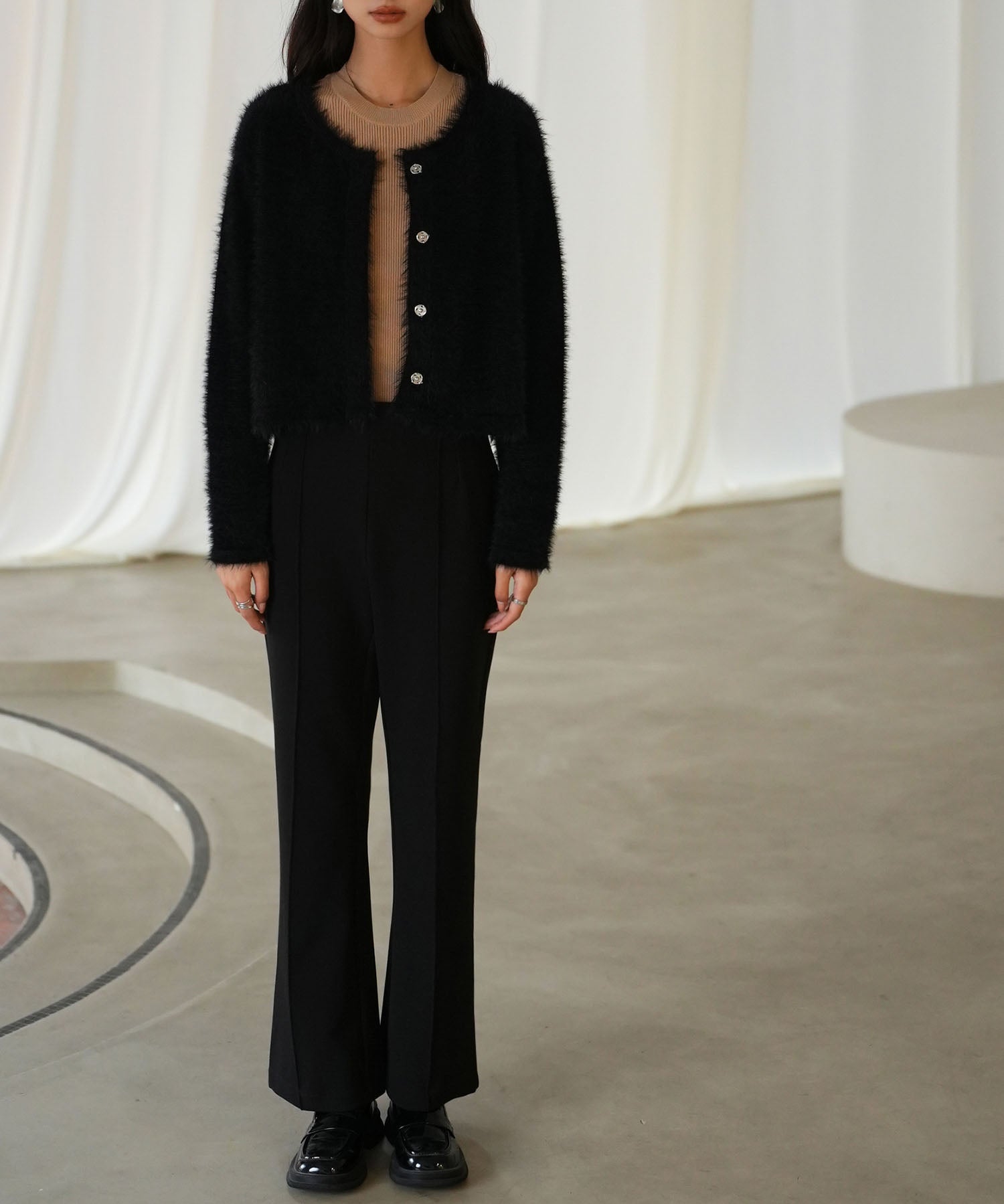 シャギークルーネックニットカーディガンsdpxyf6330 ブラック