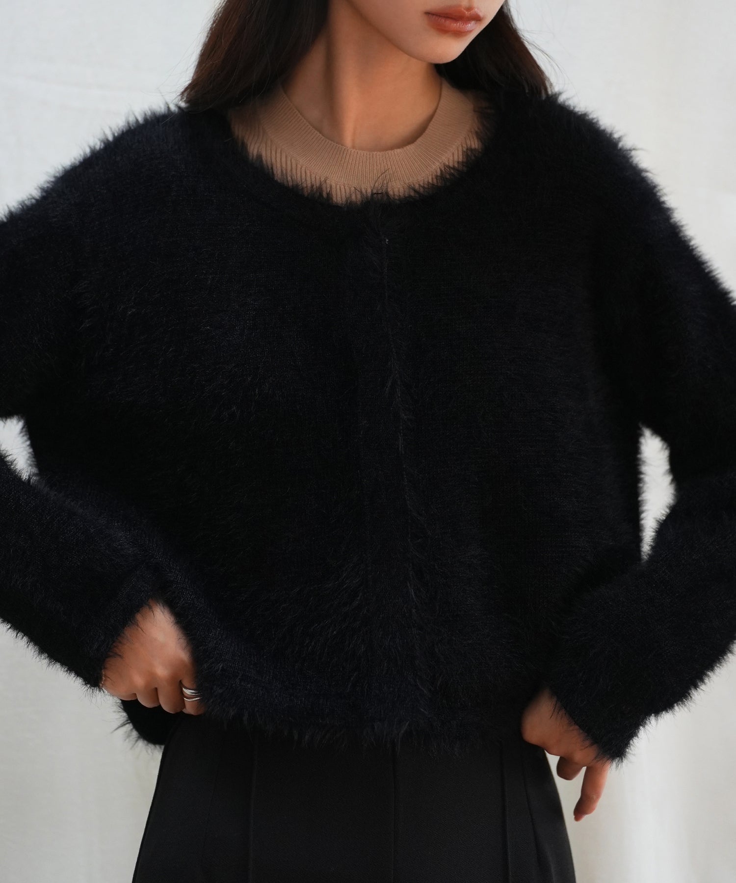 シャギークルーネックニットカーディガンsdpxyf6330 ブラック