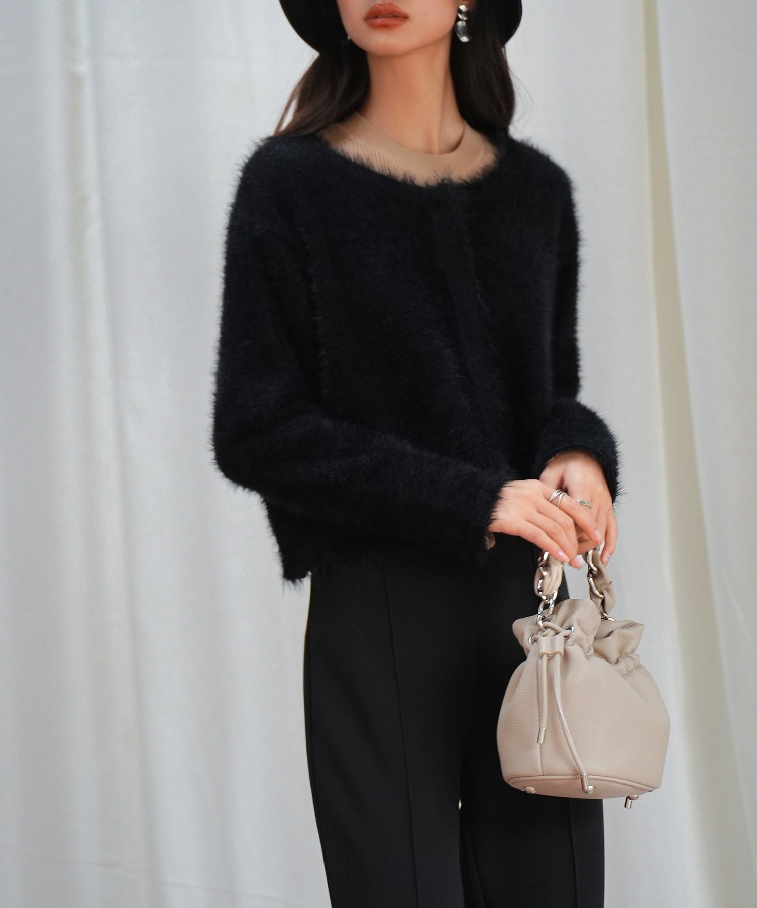 シャギークルーネックニットカーディガンsdpxyf6330 ブラック