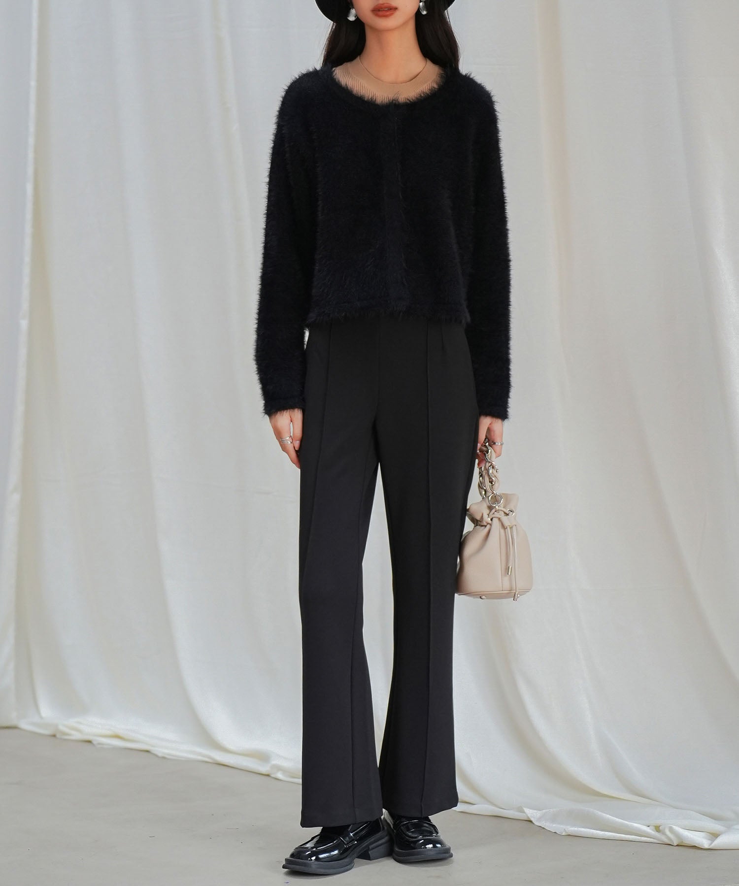 シャギークルーネックニットカーディガンsdpxyf6330 ブラック