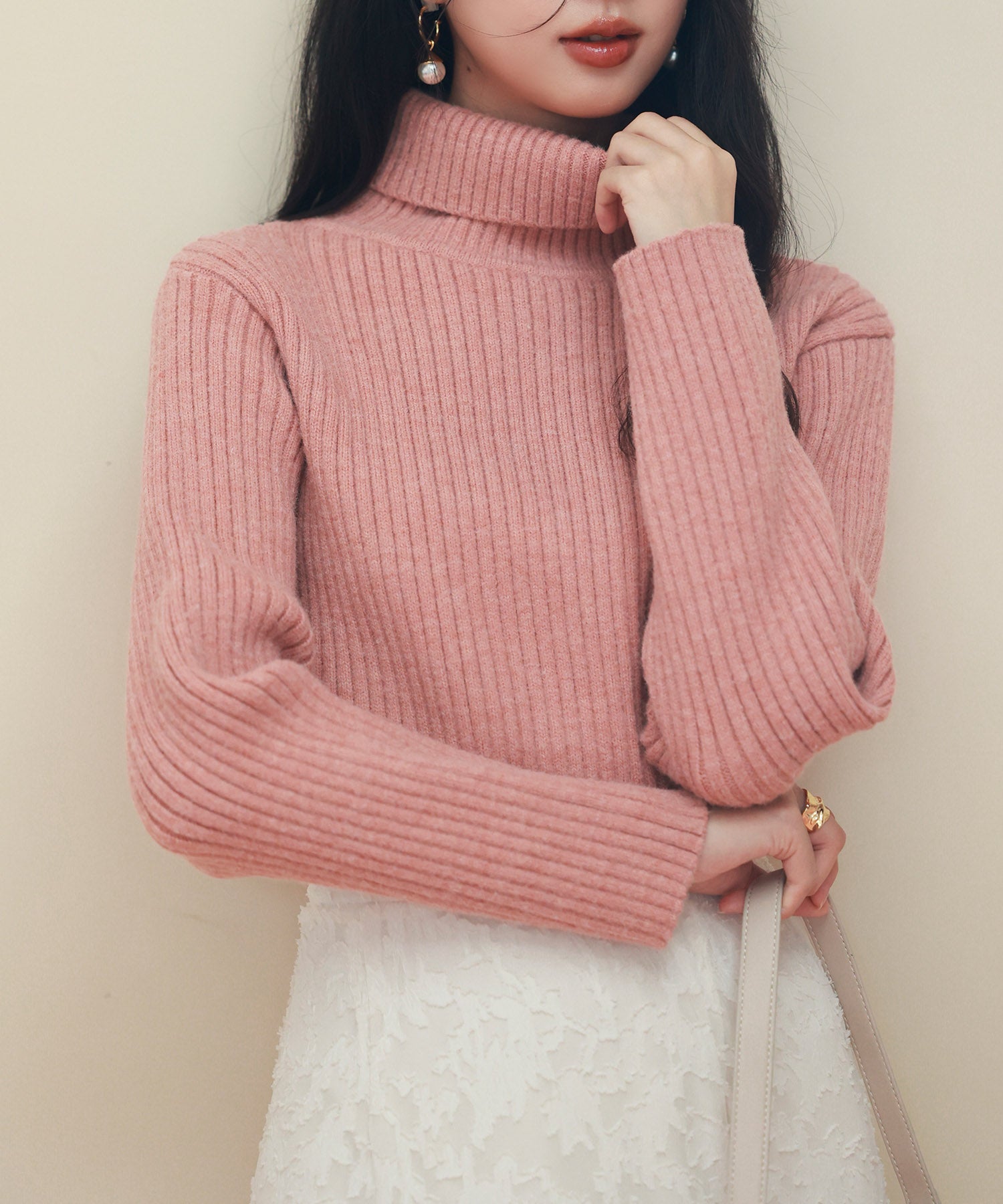 ライトピンク タートルネックニット ニット セーター タートルネック ニットトップス レディース