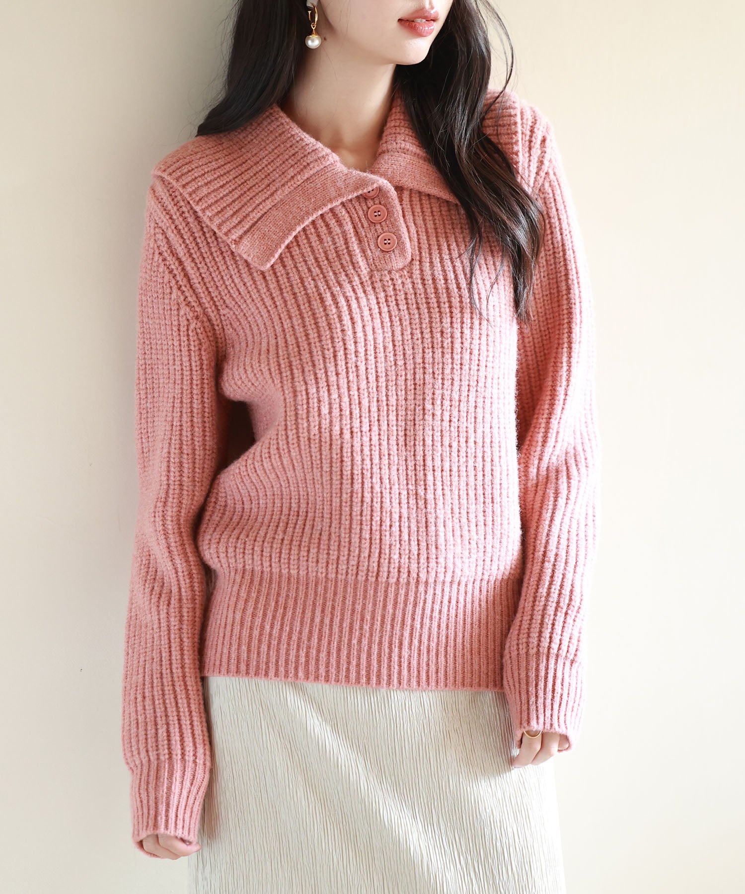 折り返し襟厚手ニットプルオーバーsdpxyf6558 コーラル – [公式]SAISON
