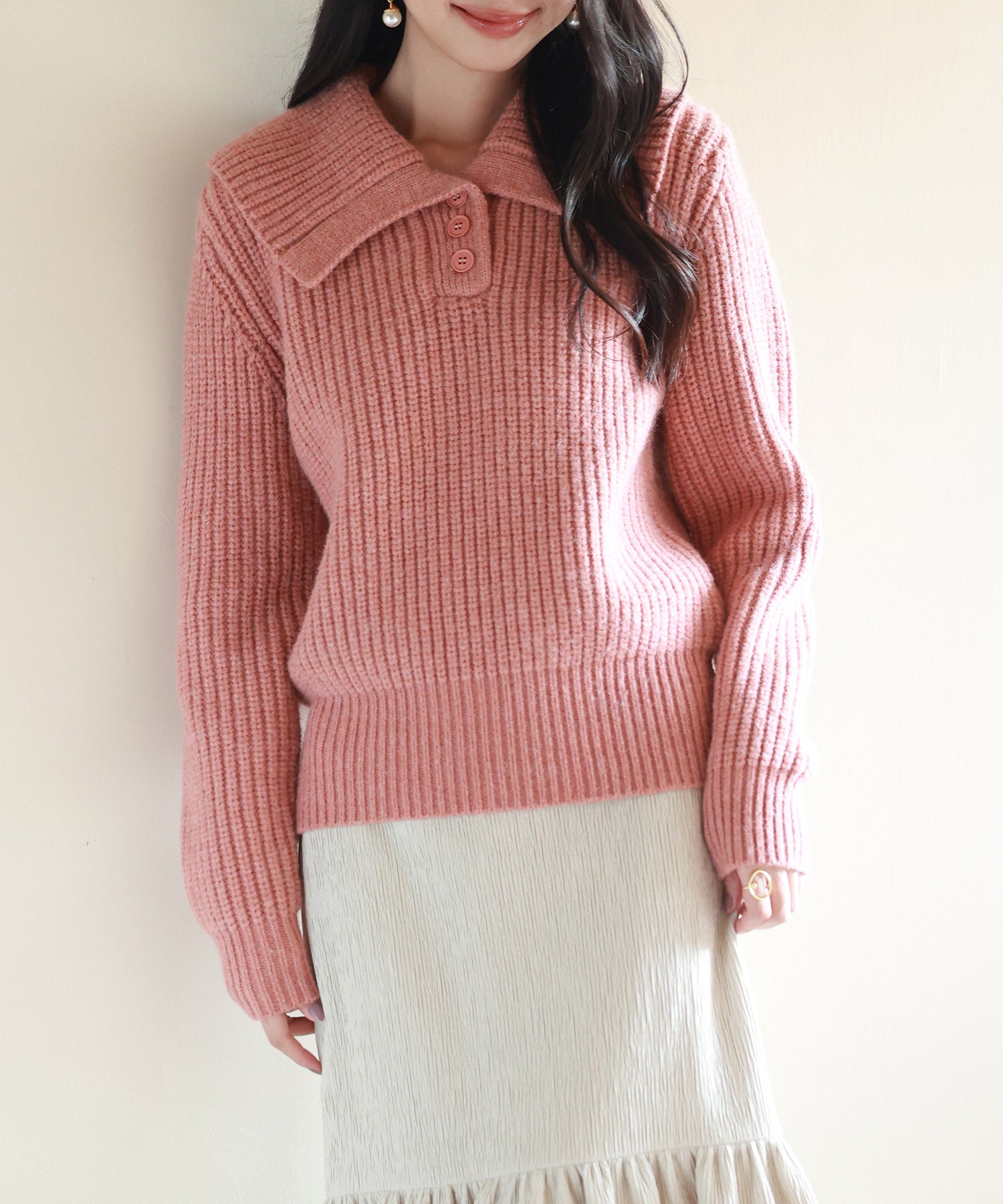 折り返し襟厚手ニットプルオーバーsdpxyf6558 コーラル – [公式]SAISON