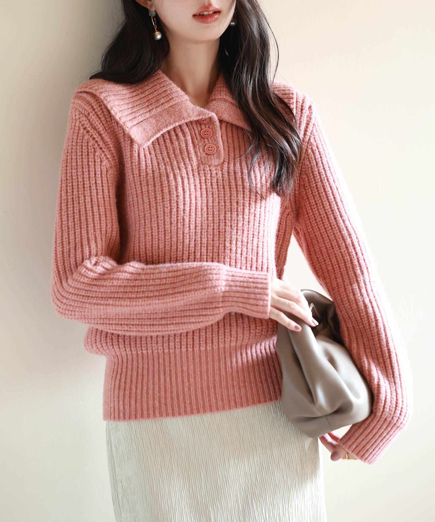 折り返し襟厚手ニットプルオーバーsdpxyf6558 コーラル – [公式]SAISON