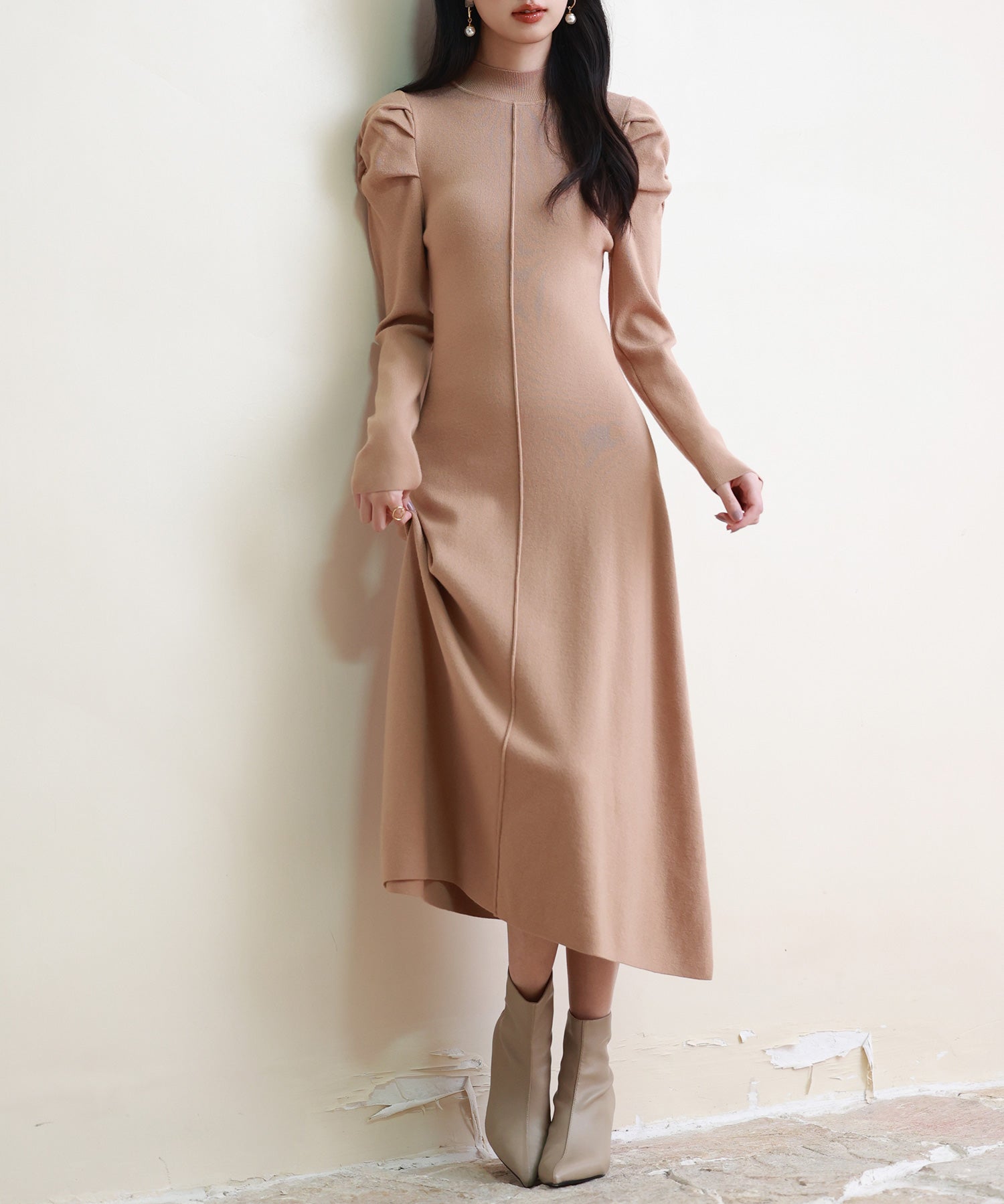 ギャザースリーブプチハイネックニットワンピースsdpxyf6565 ブラウン