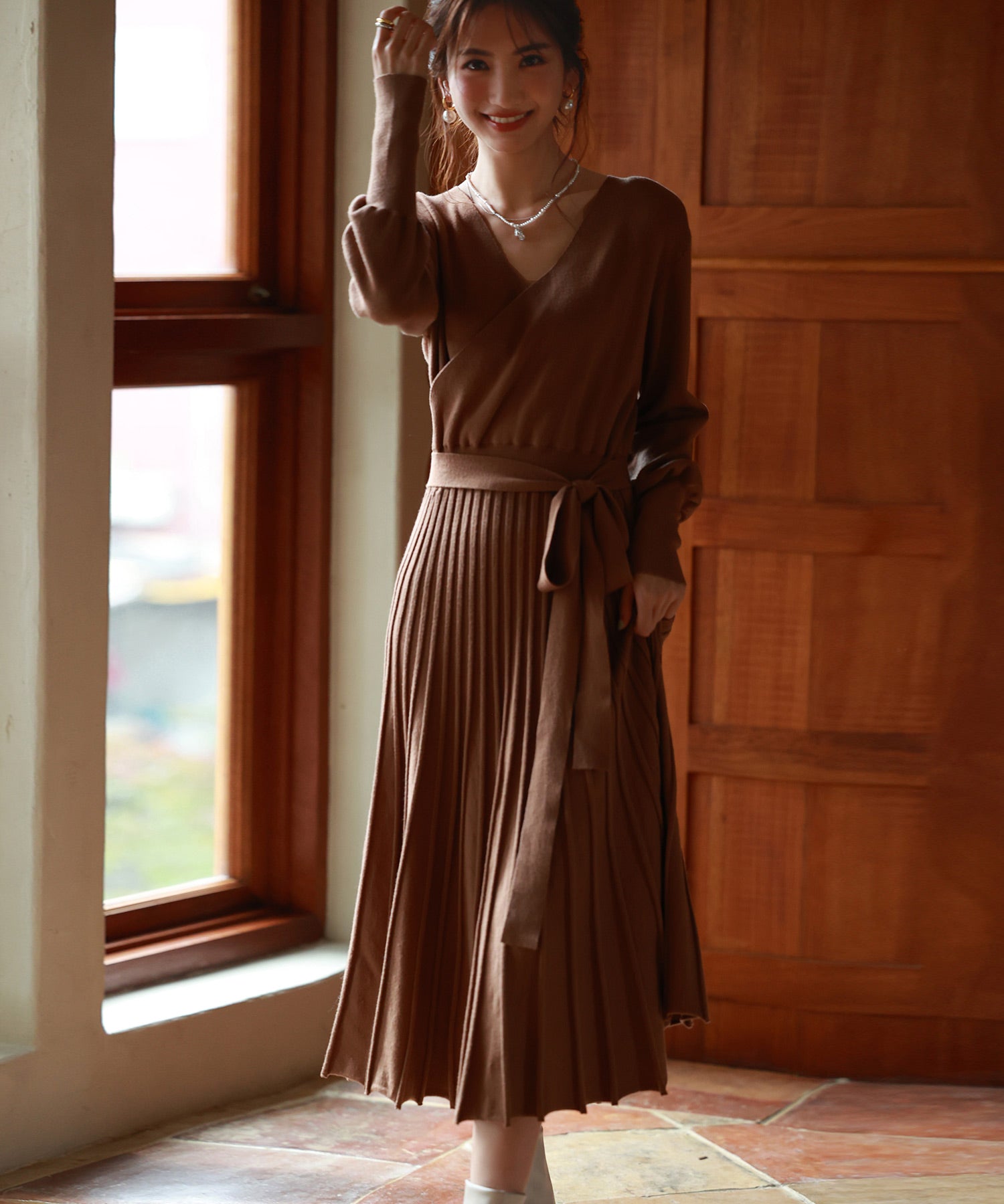 マトンスリーブカシュクールニットワンピースsdpxyf7005 ブラウン