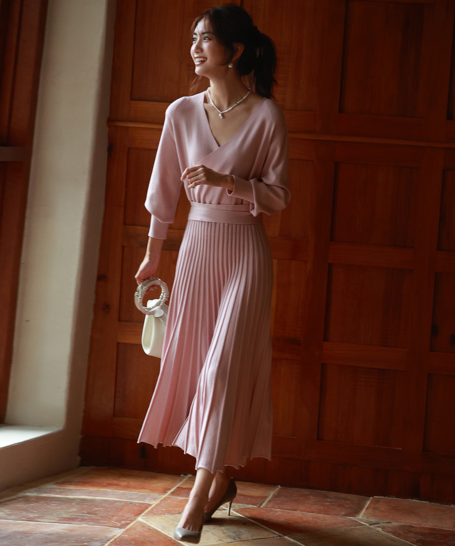 マトンスリーブカシュクールニットワンピースsdpxyf7005 ピンク