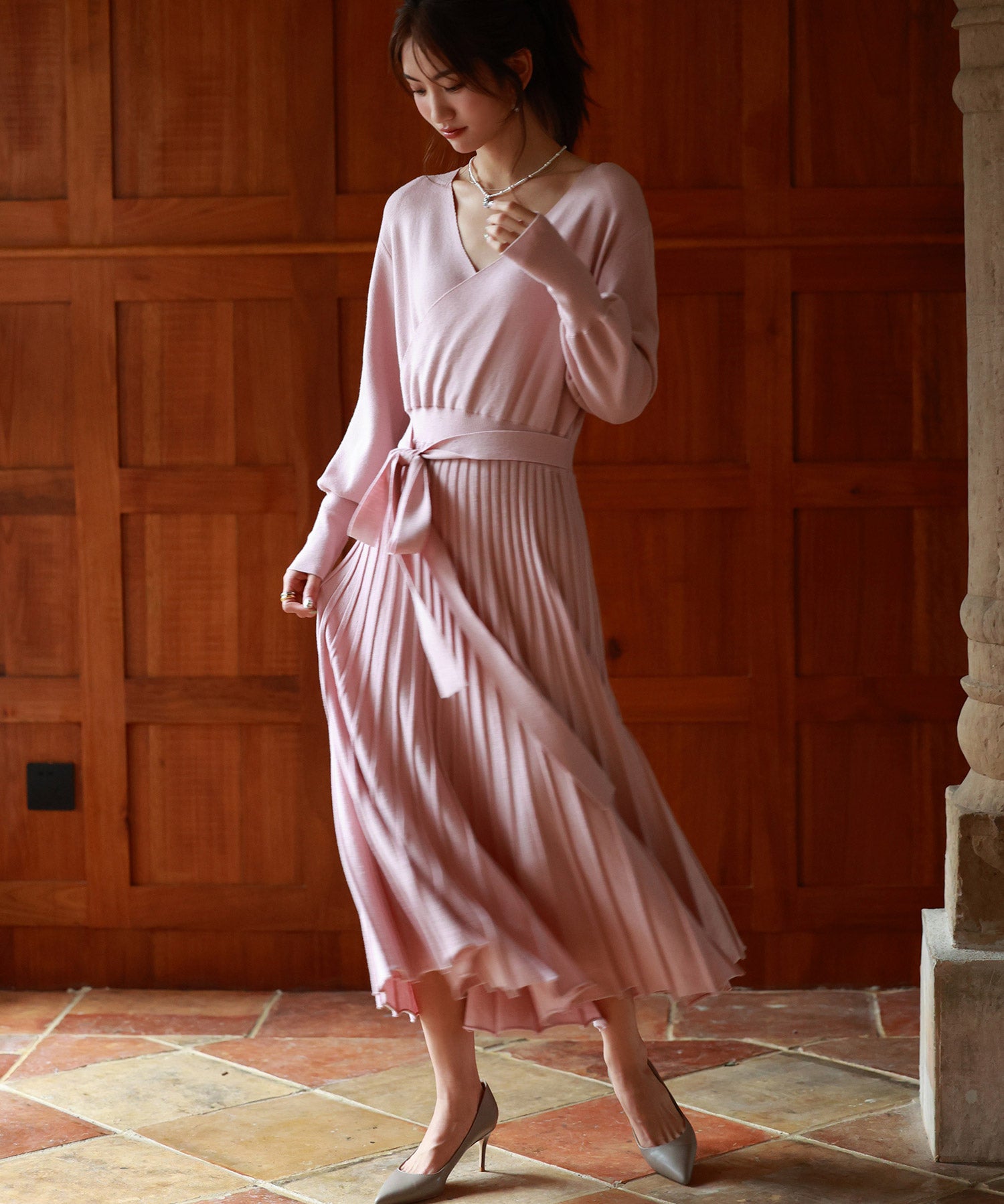 マトンスリーブカシュクールニットワンピースsdpxyf7005 ピンク